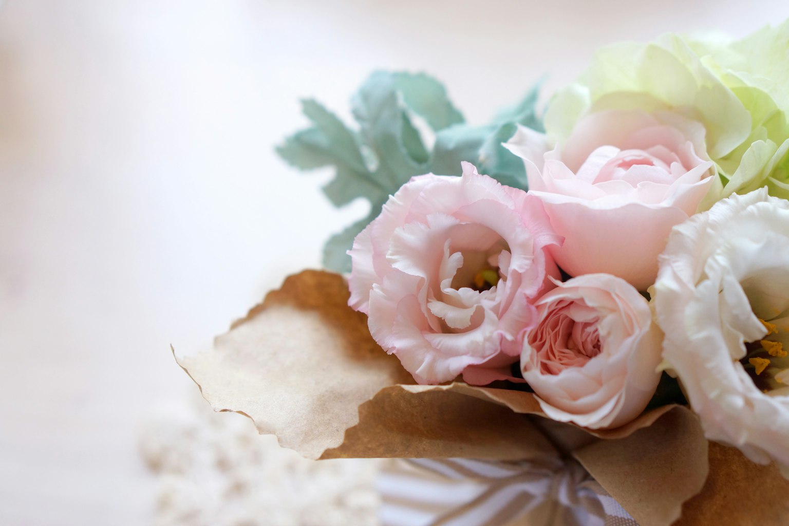 一个包含粉色和白色柔和色调玫瑰的花束