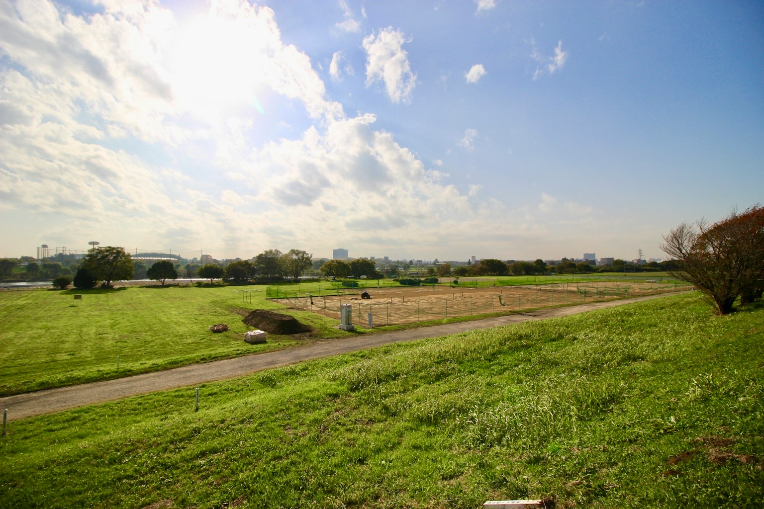 乡村风景 蓝天与白云 绿色草地 和远处城市天际线