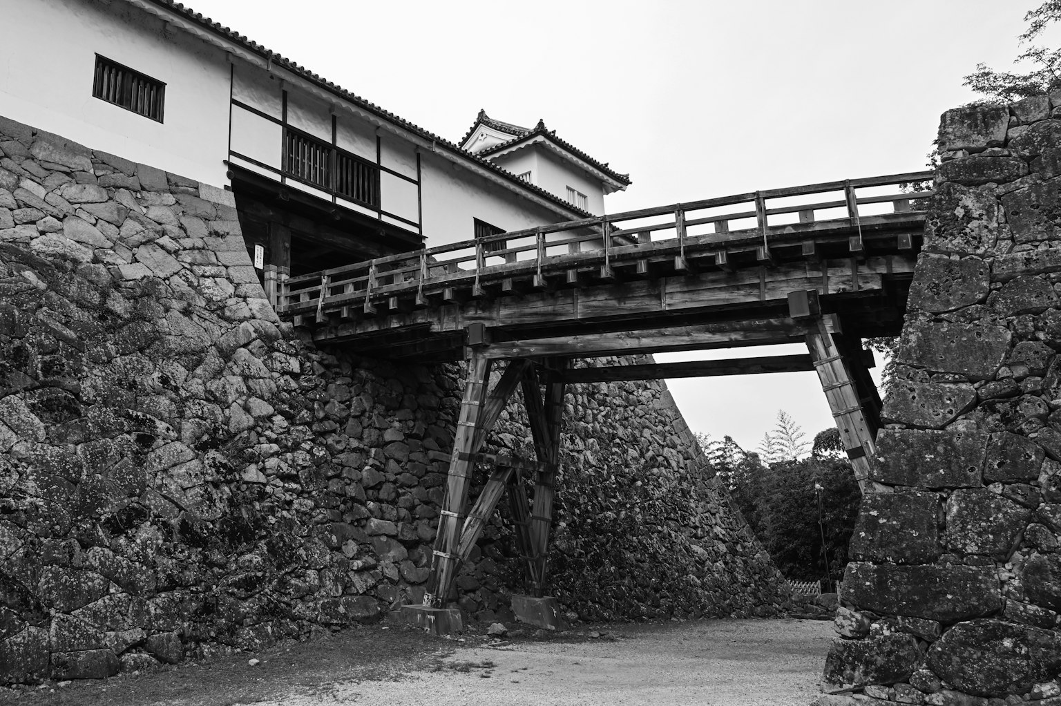 Vue en noir et blanc d'un pont de château et de murs en pierre