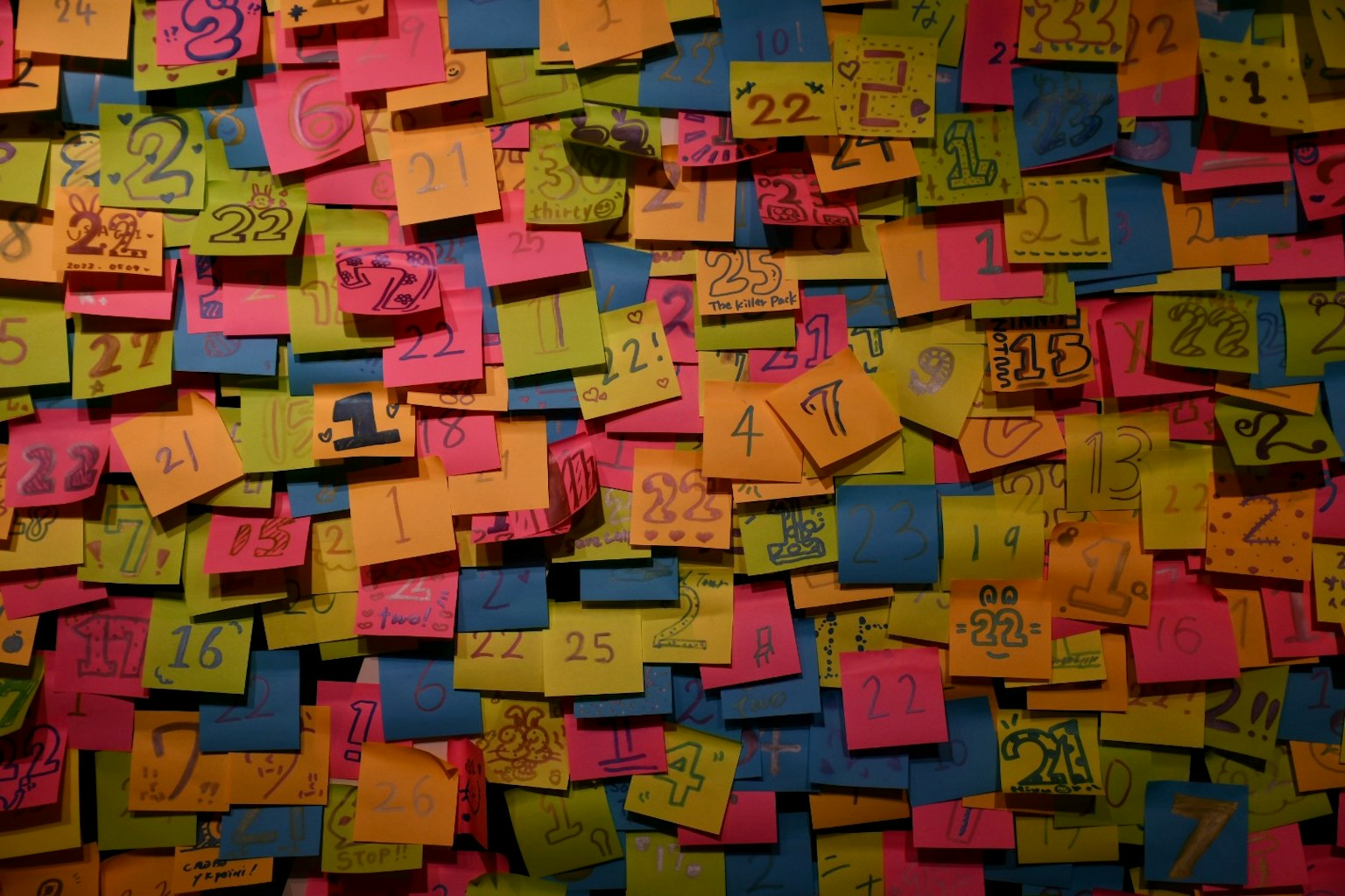 Note adesive colorate disposte densamente su un muro