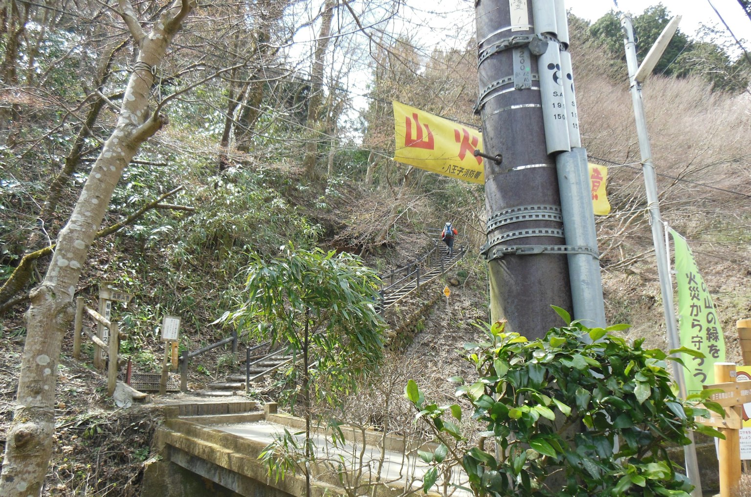 산 표지판과 자연 경관이 있는 길