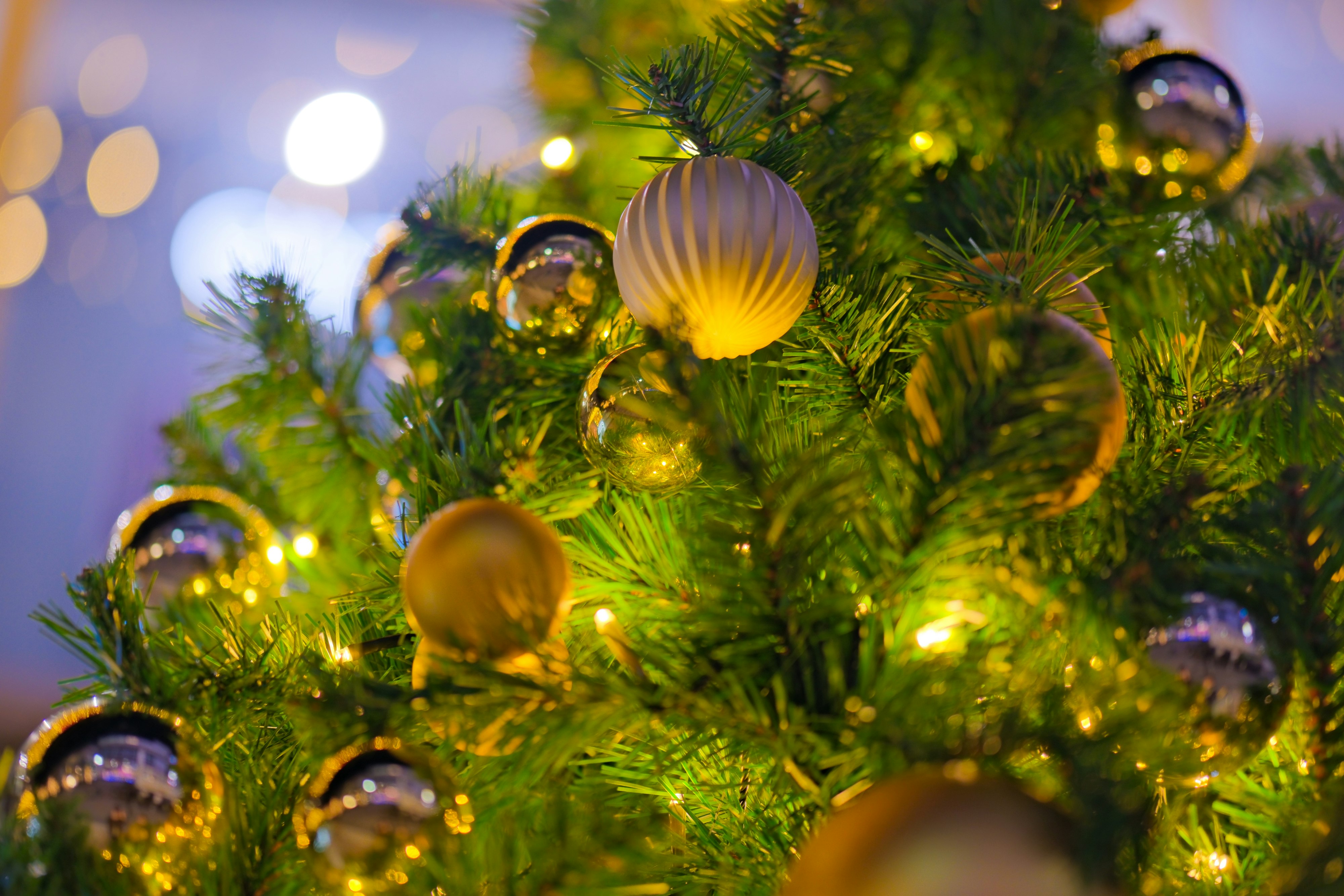 goldene Weihnachtsbaum-Ornamente und warmes Licht an einem Tannenast