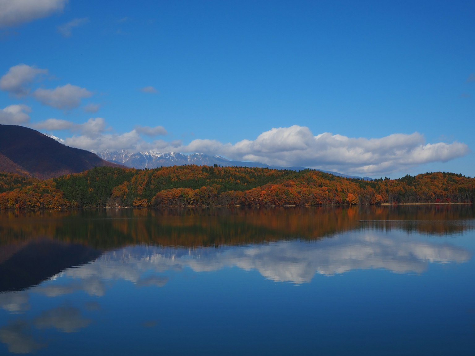 A beautiful landscape of autumn-colored trees reflecting on a calm lake under a blue sky and clouds