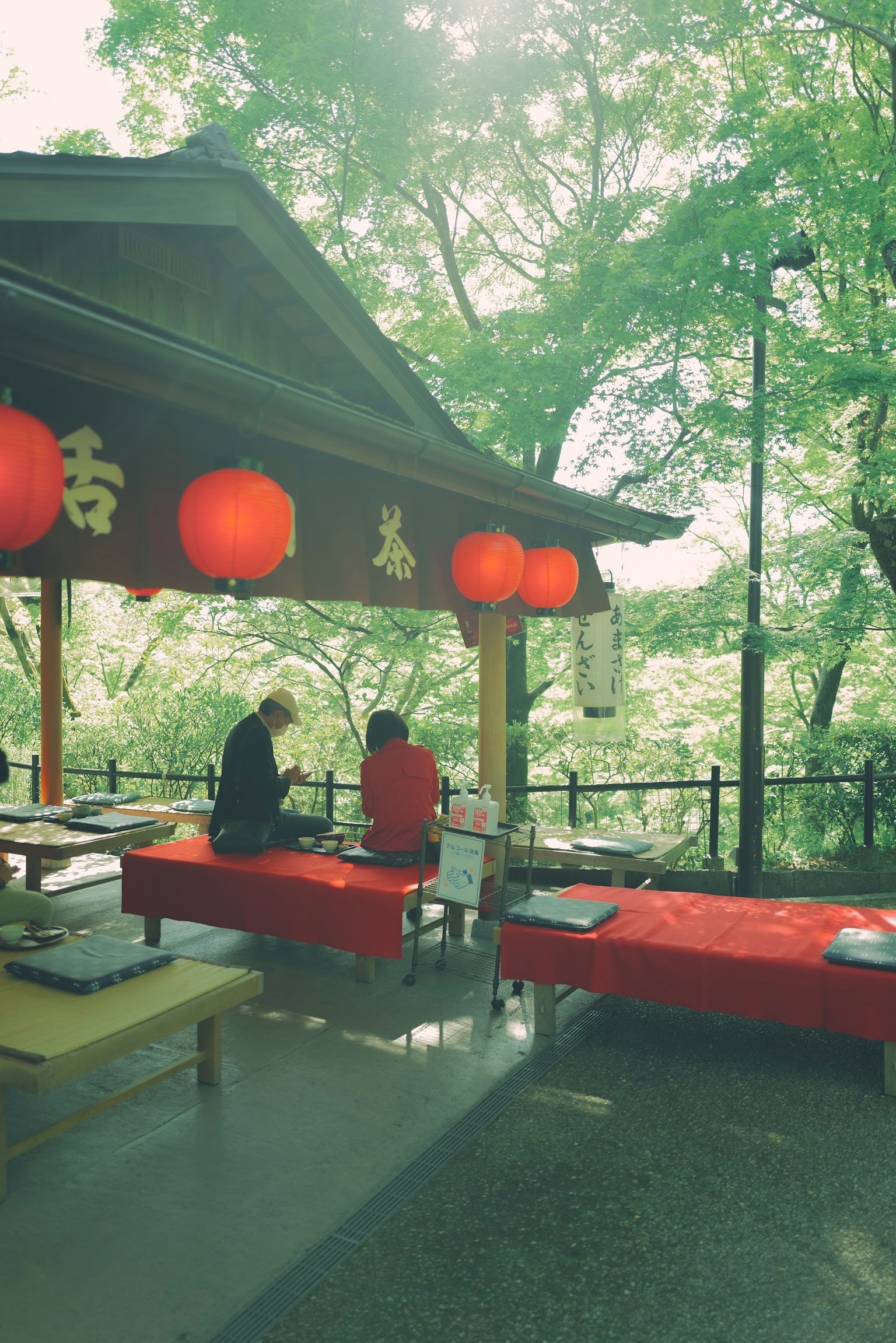 Maison de thé japonaise traditionnelle entourée de verdure avec des lanternes rouges