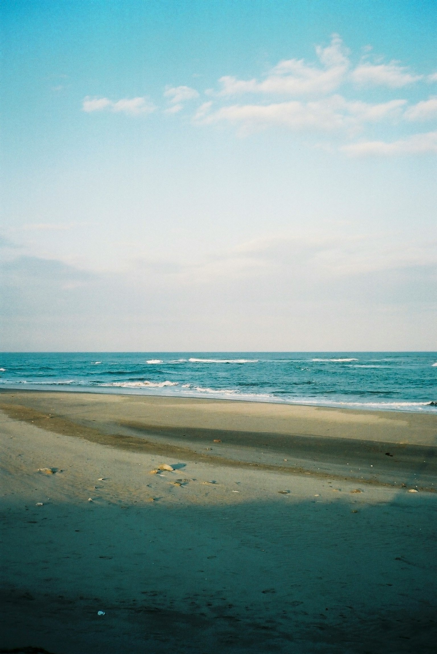 Une scène de plage avec un ciel bleu et une mer calme