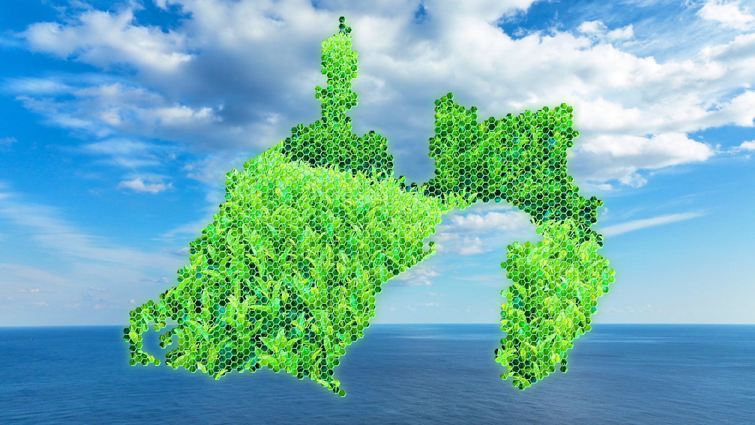 Digital art depicting a green island shape over blue ocean and clouds