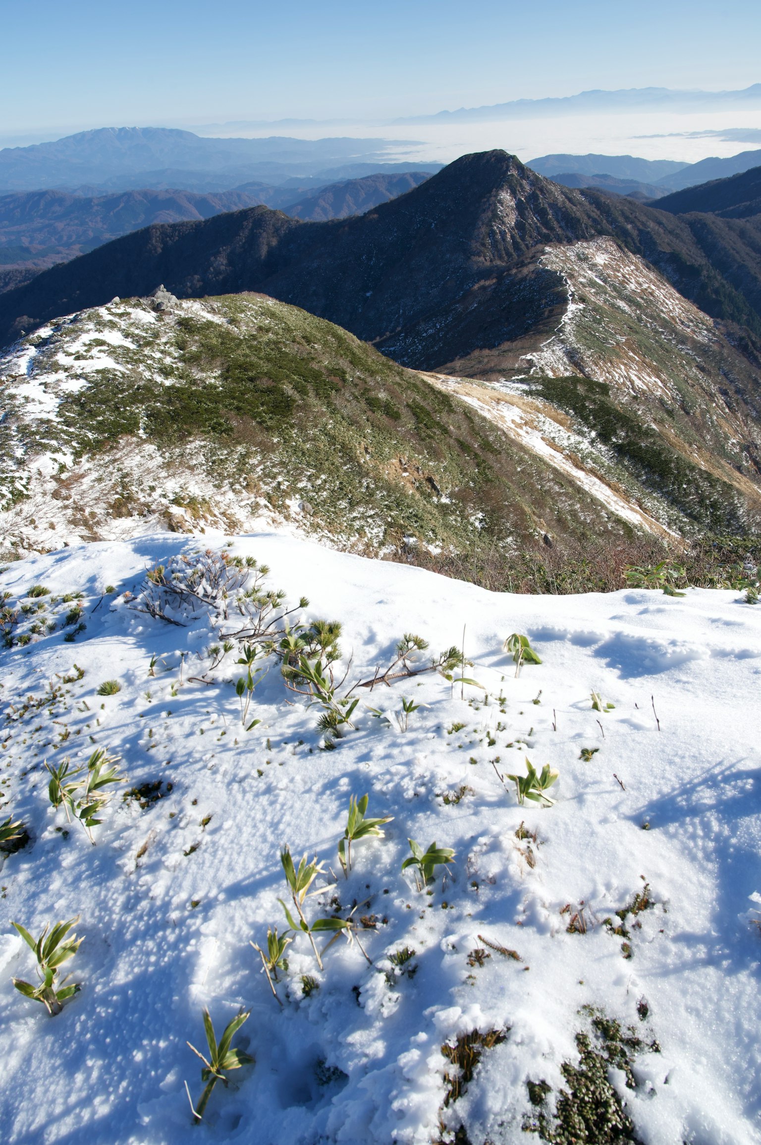 雪覆盖的山顶景观 绿色草地和远处山脉可见