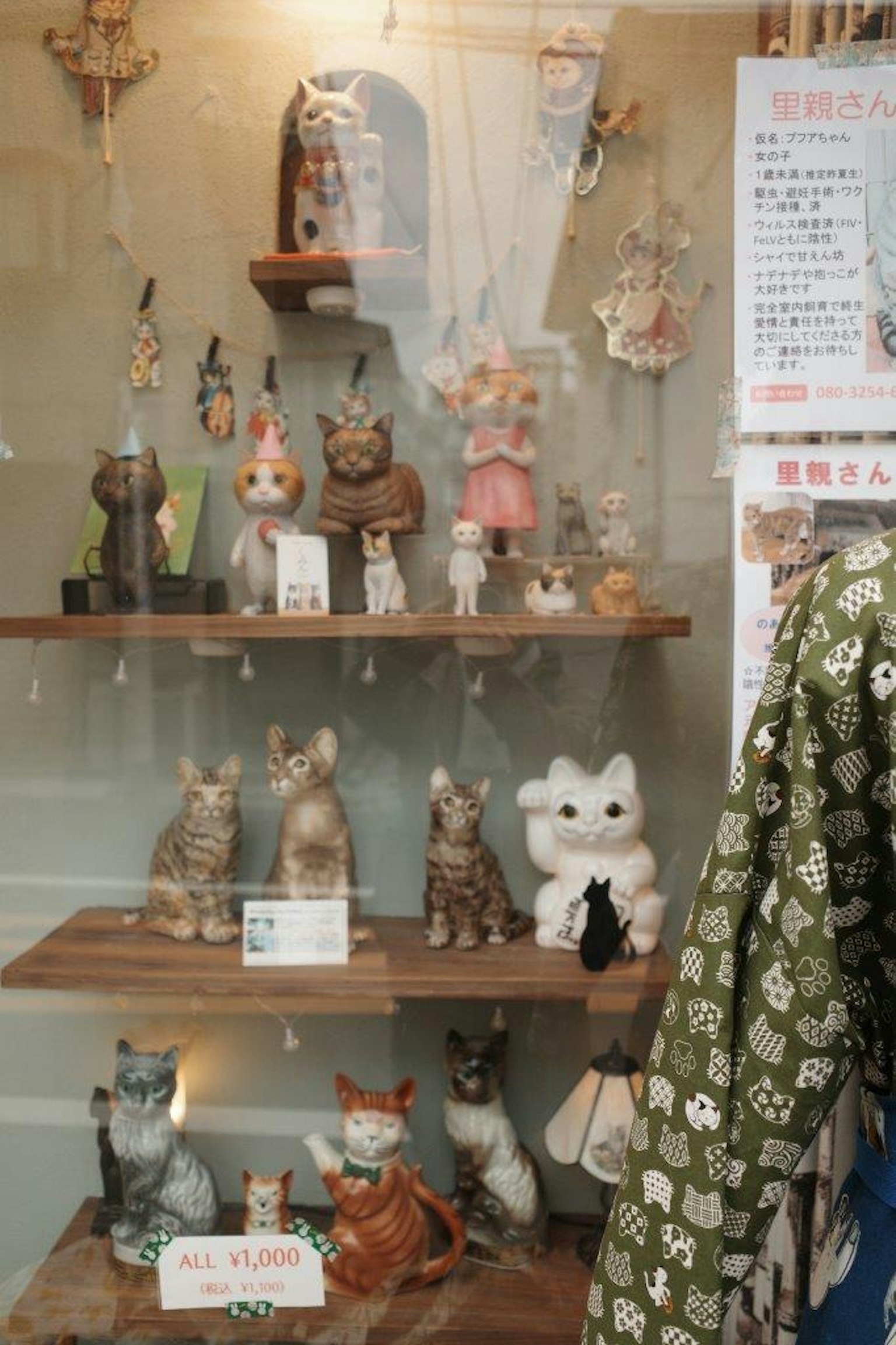 商店櫥窗展示貓咪雕像和小飾品