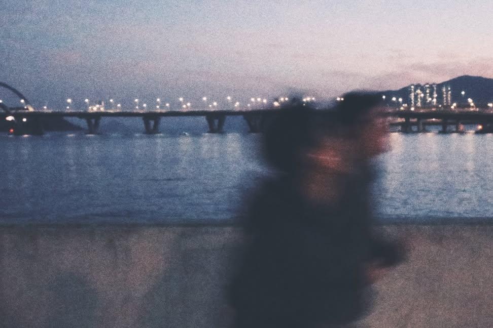 海沿いの夜景、橋の灯りが水面に映る