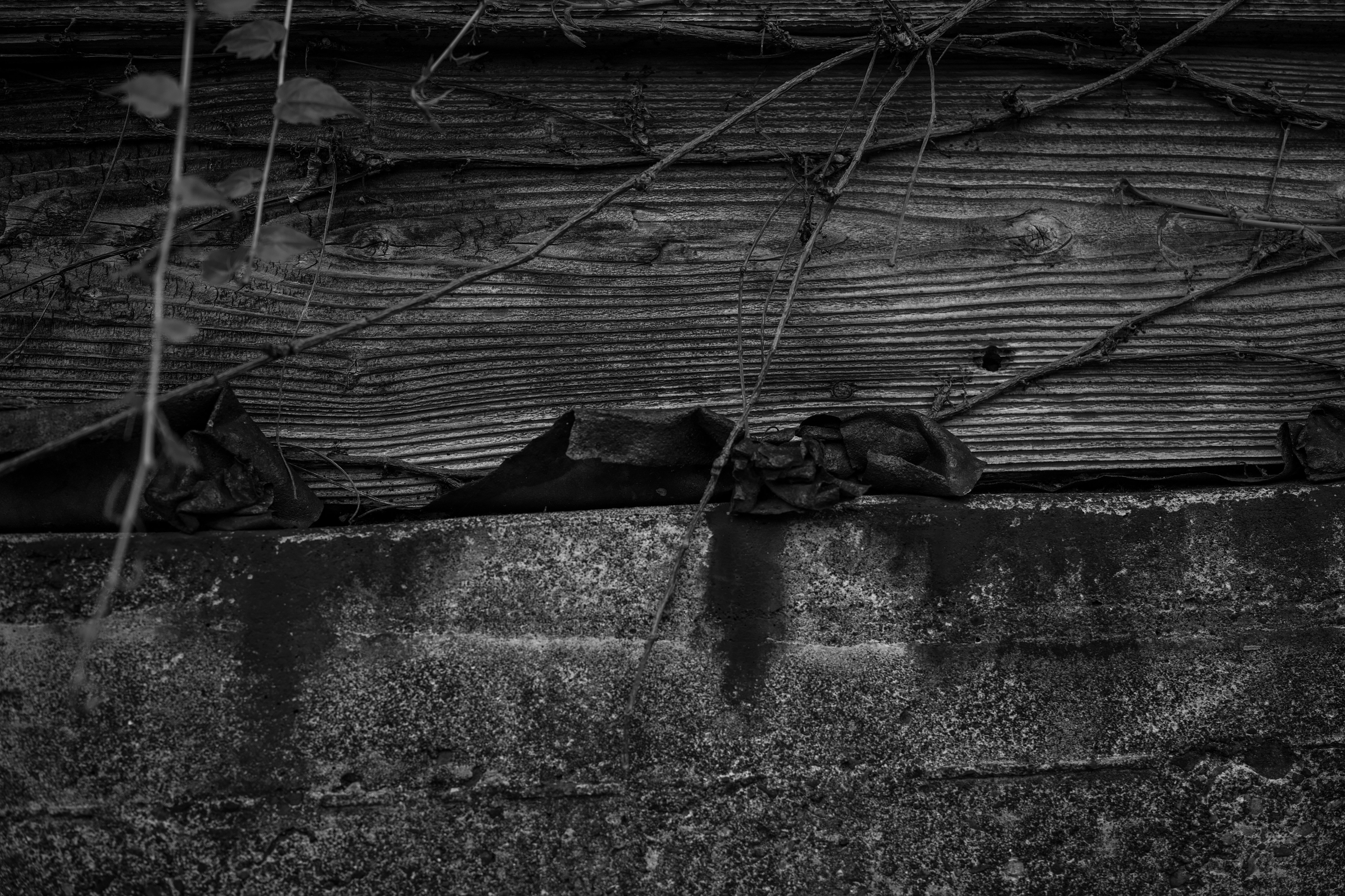 mur en bois mouillé par la pluie et clôture métallique dans une ruelle
