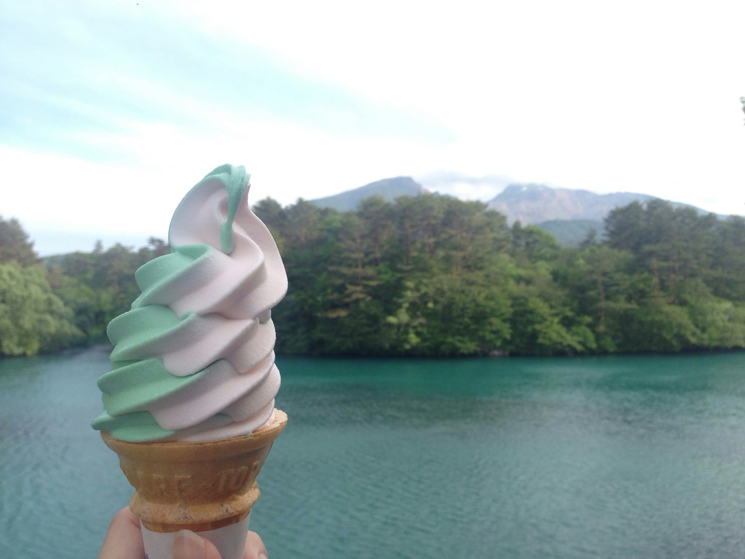 Un helado suave de color verde y púrpura sostenido en la mano con árboles frondosos y un lago azul al fondo