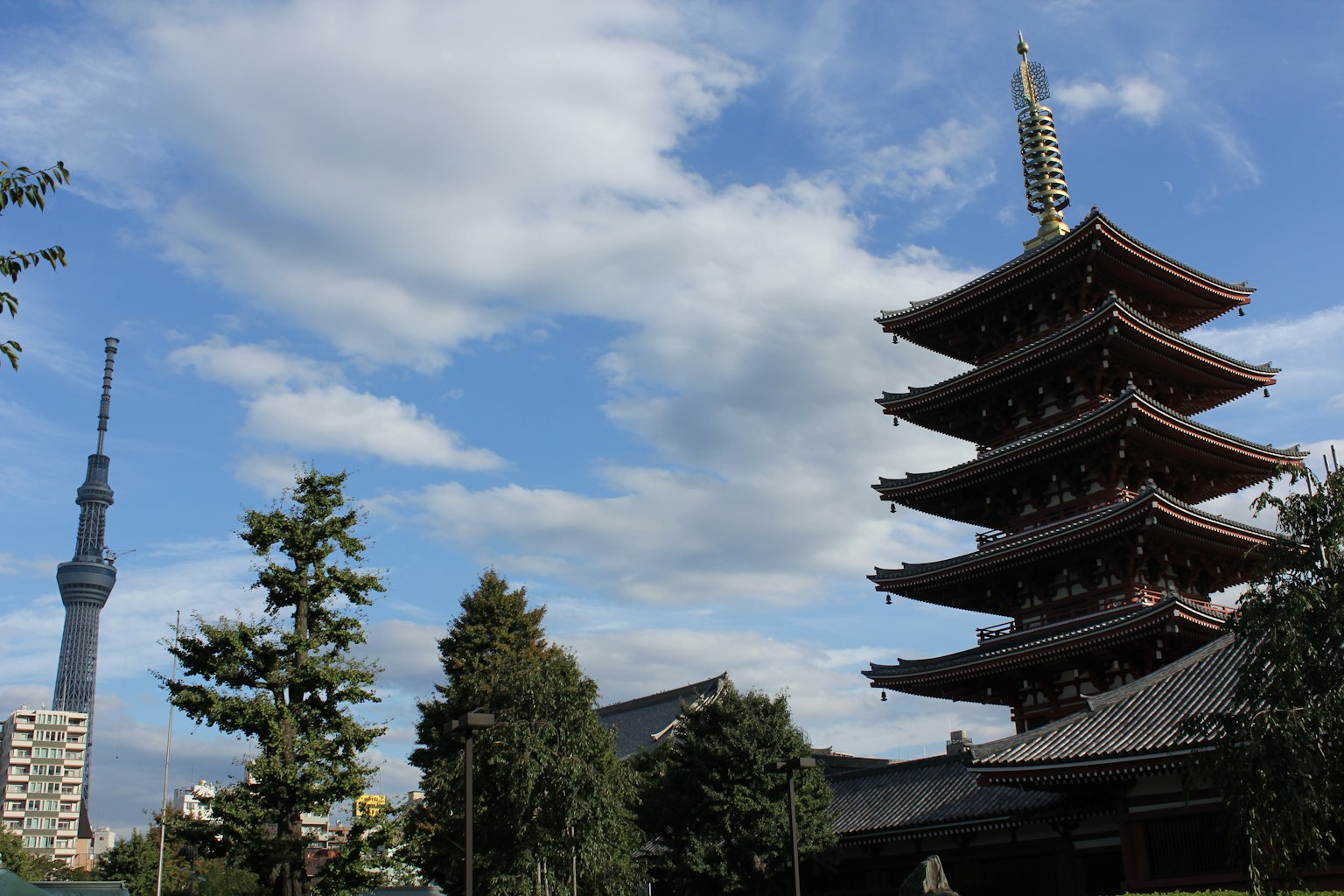 Khung cảnh với Tokyo Skytree và tháp năm tầng của chùa Senso-ji