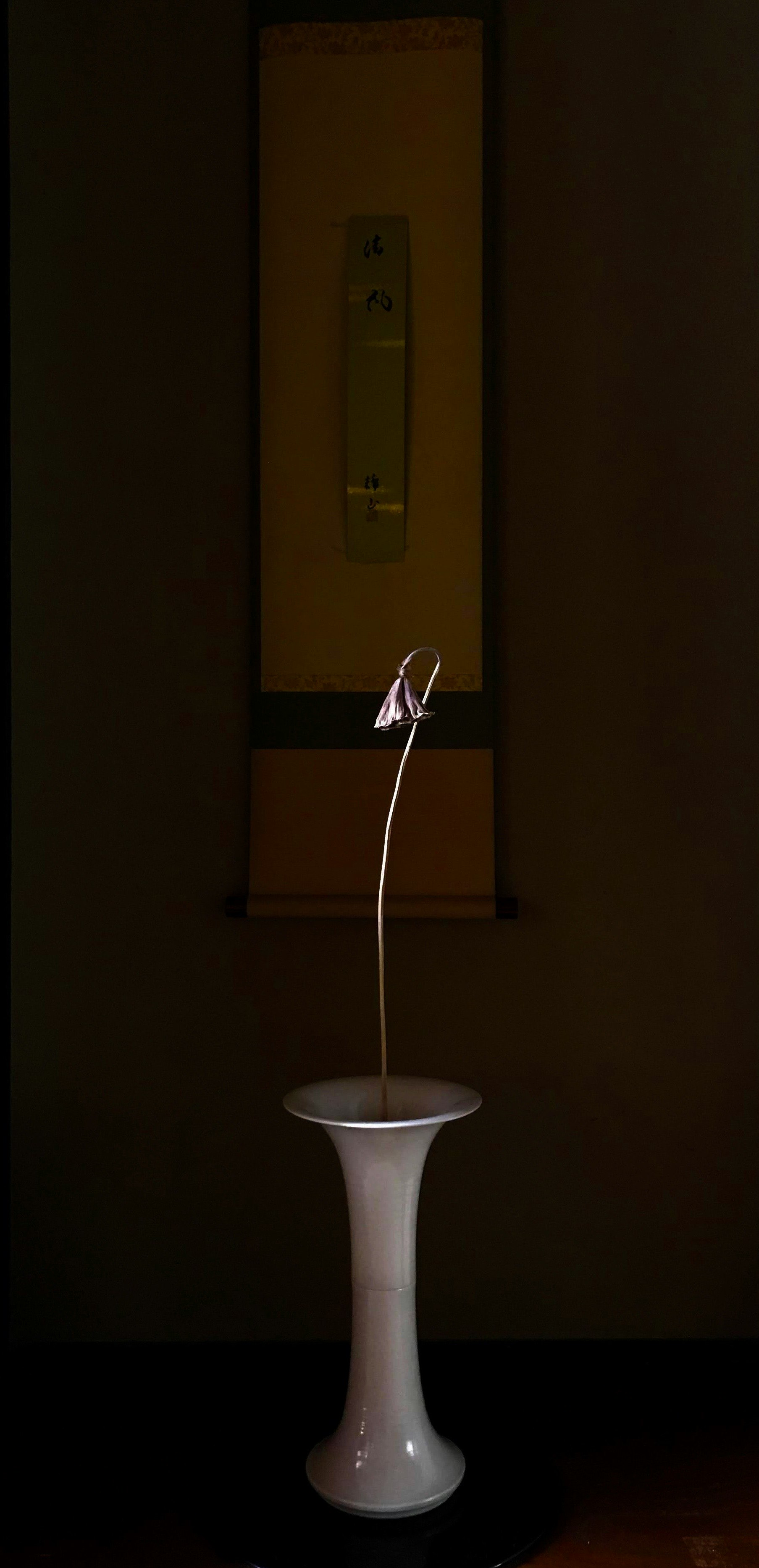white vase with a thin wire in a dark indoor room