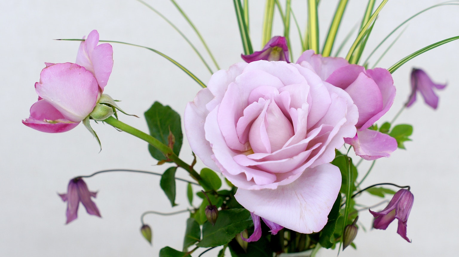 Ein Strauß mit hellrosa Rosen und kleinen Blumen