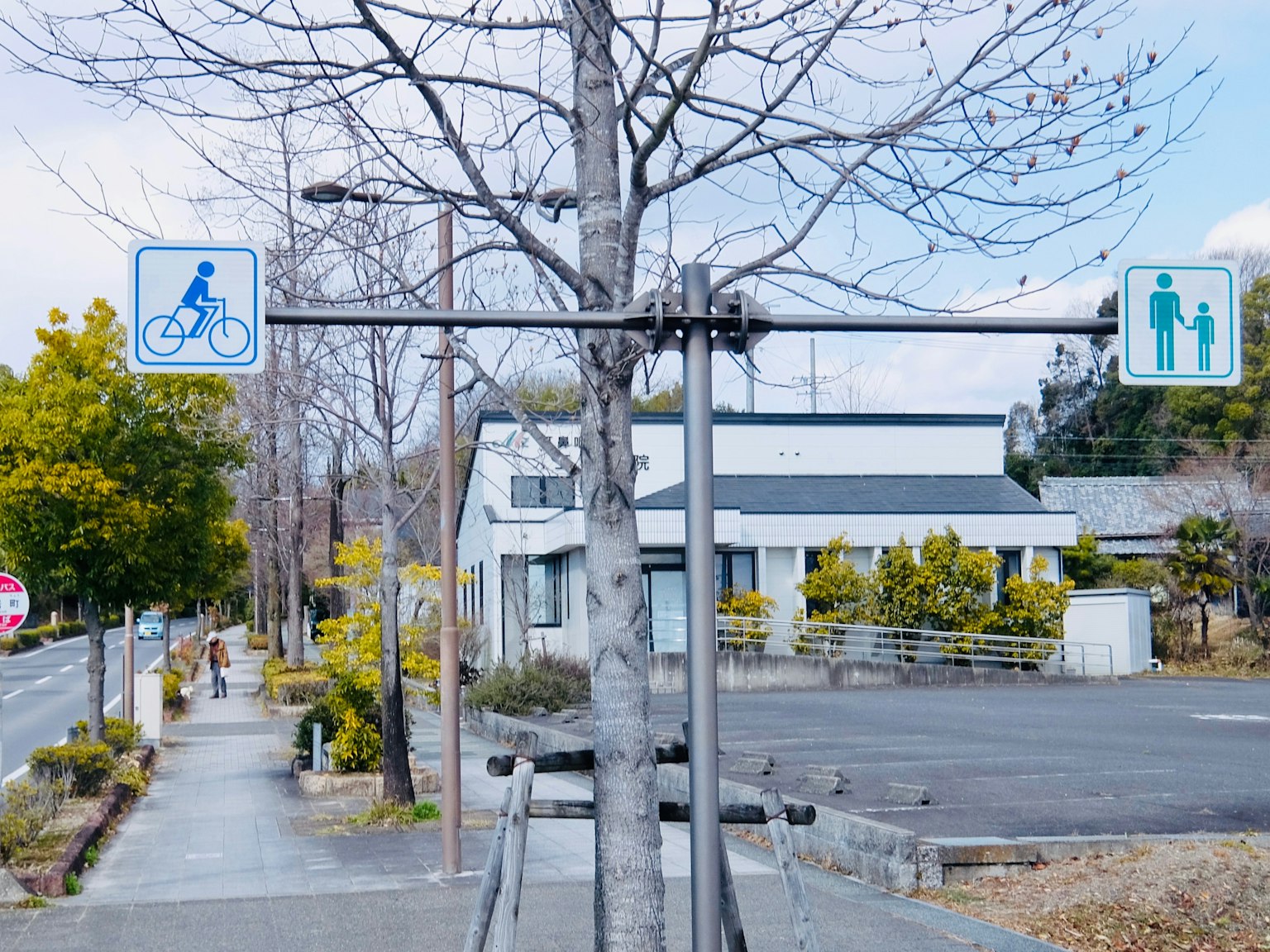 Street view featuring bicycle and pedestrian signs