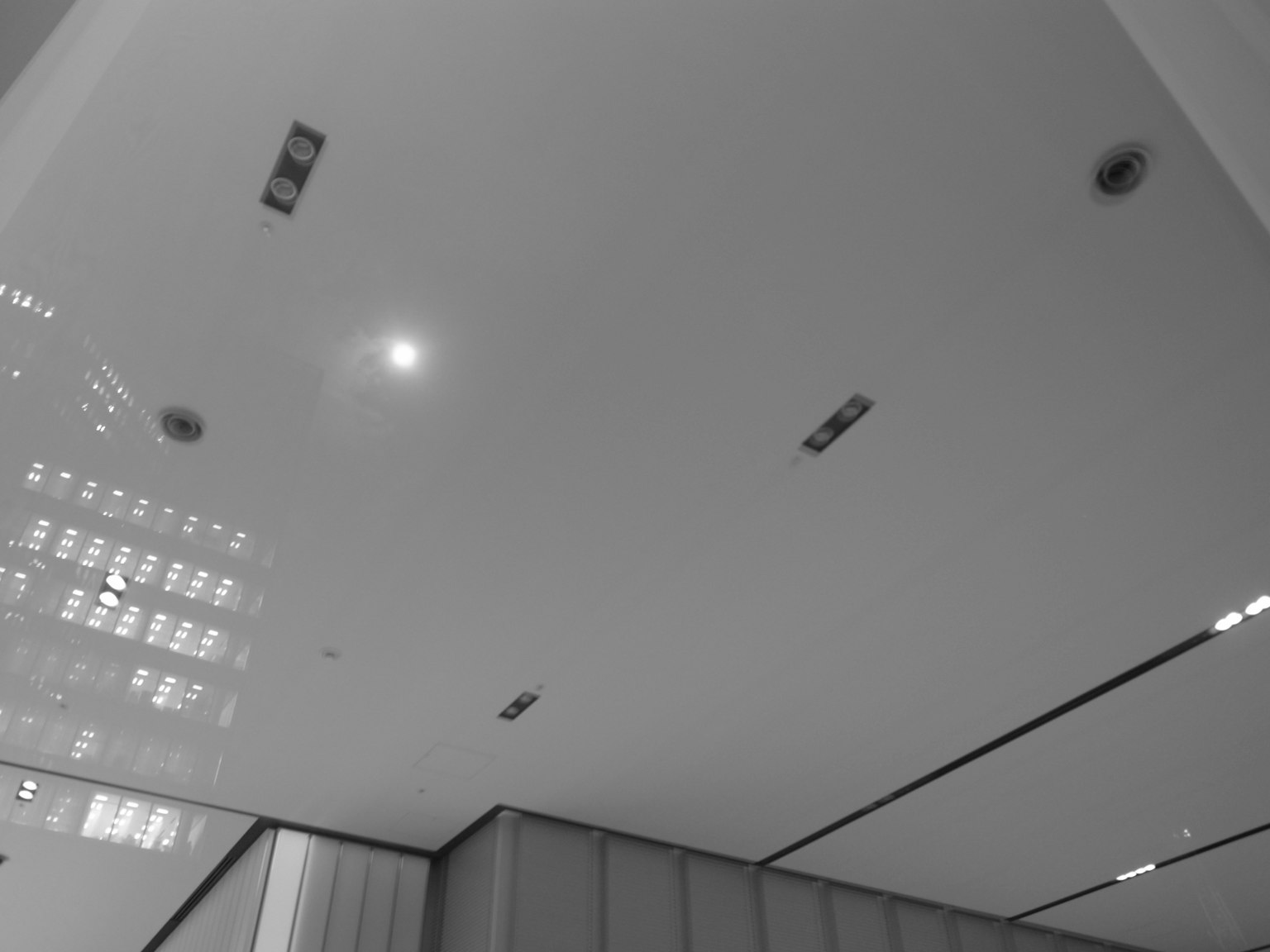 Immagine in bianco e nero di un soffitto con luci incorporate e riflessi