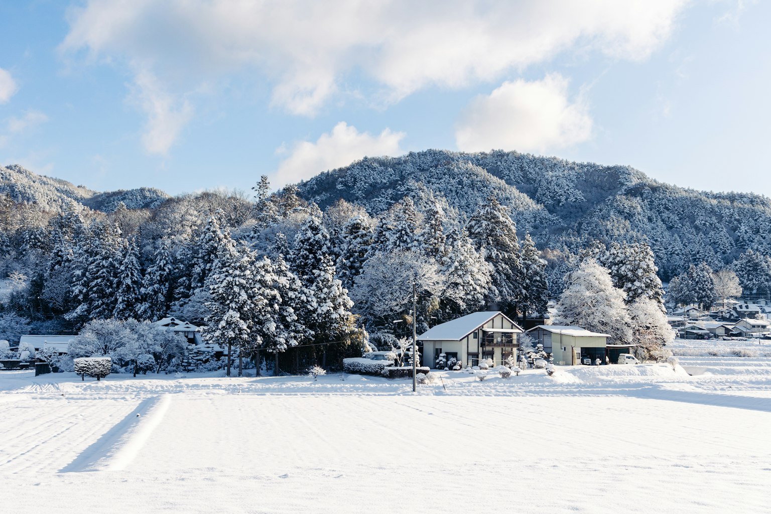 雪覆盖的山脉和冬季景观中的房屋