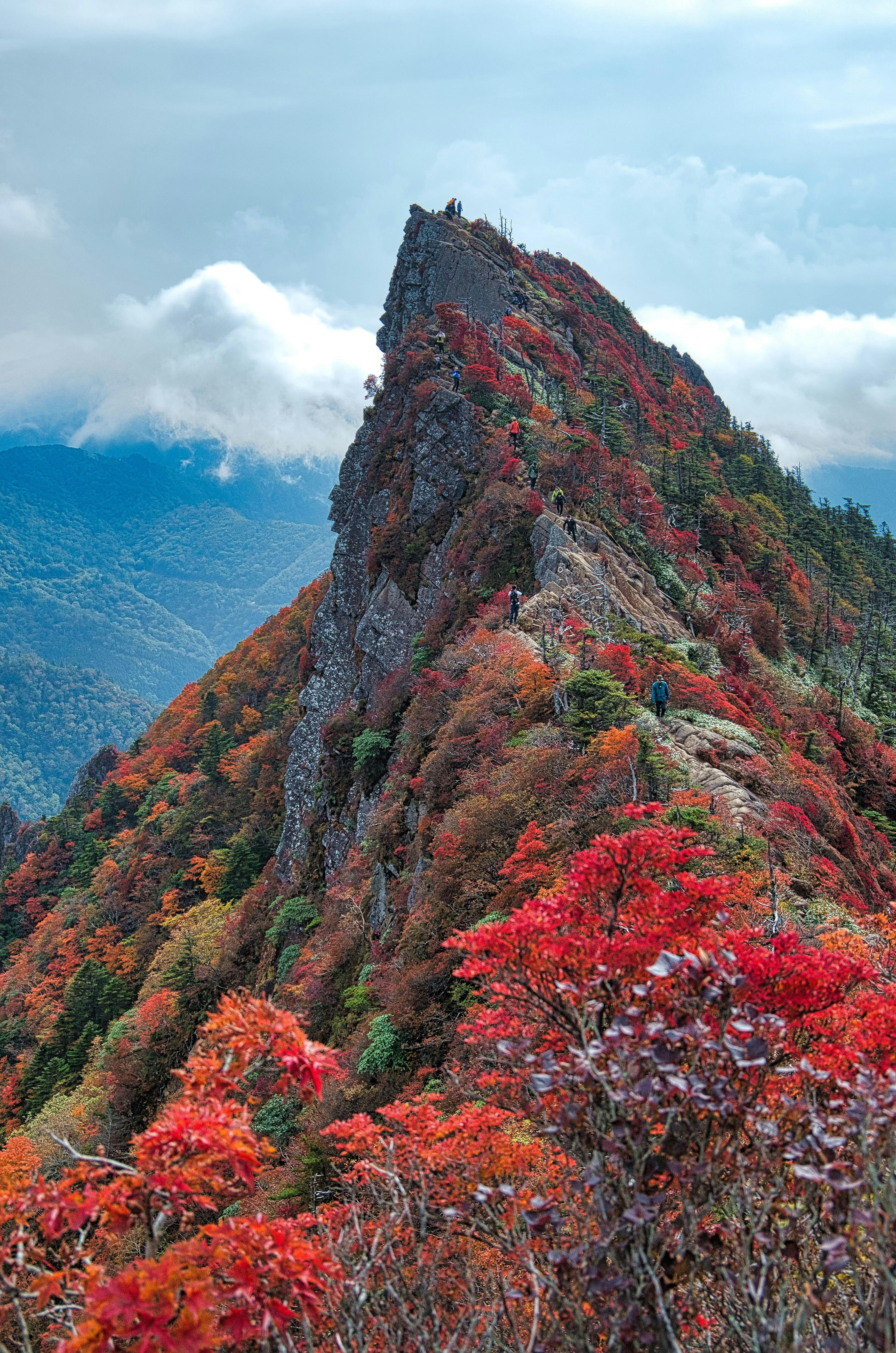 石鎚山の山頂付近を彩る紅葉とガスのかかった稜線
