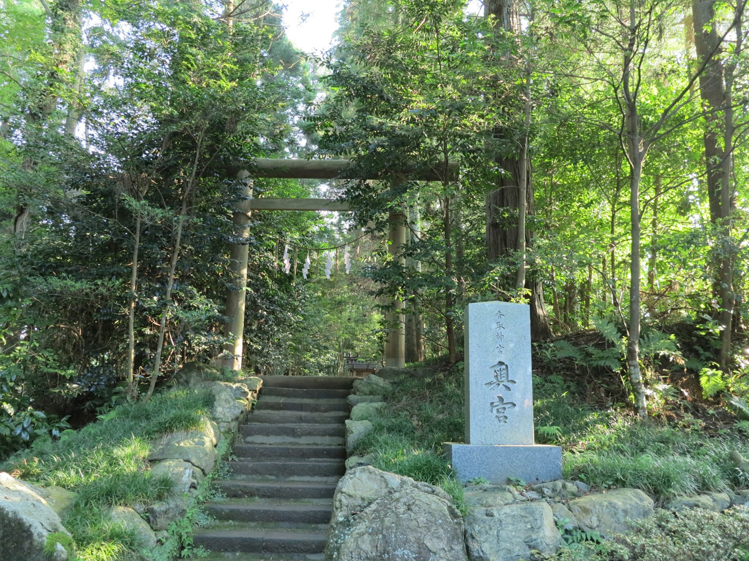 Stone steps leading to a torii gate and monument in a forest