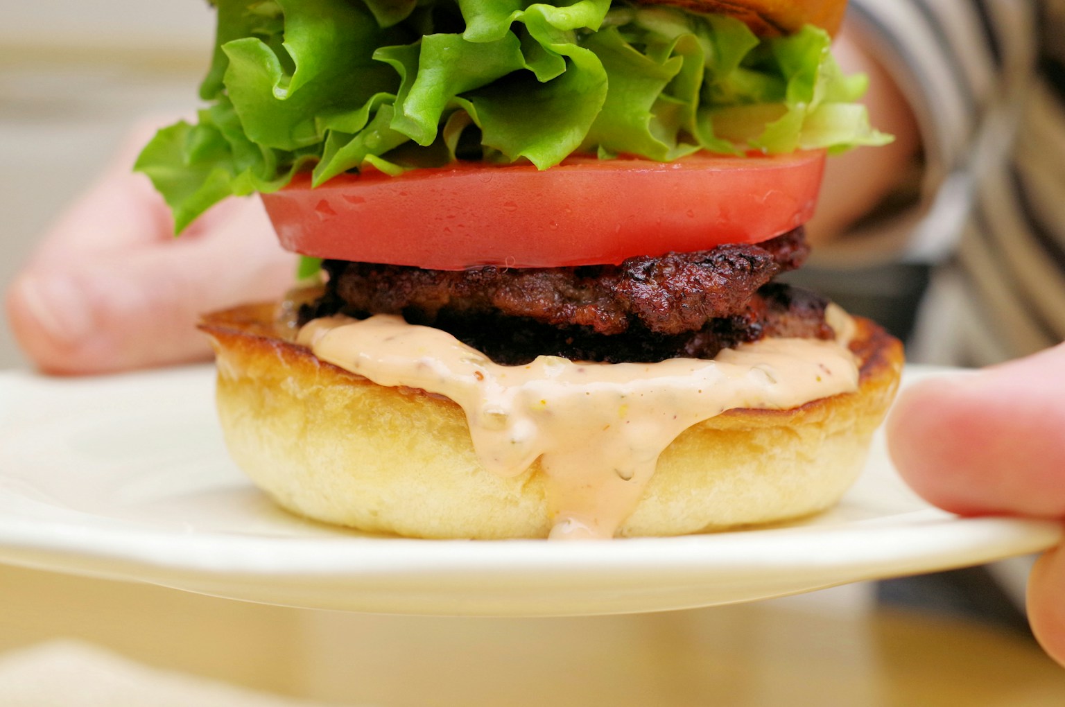 Saftiger Hamburger belegt mit Salat, Tomate und spezieller Sauce auf einem Teller serviert