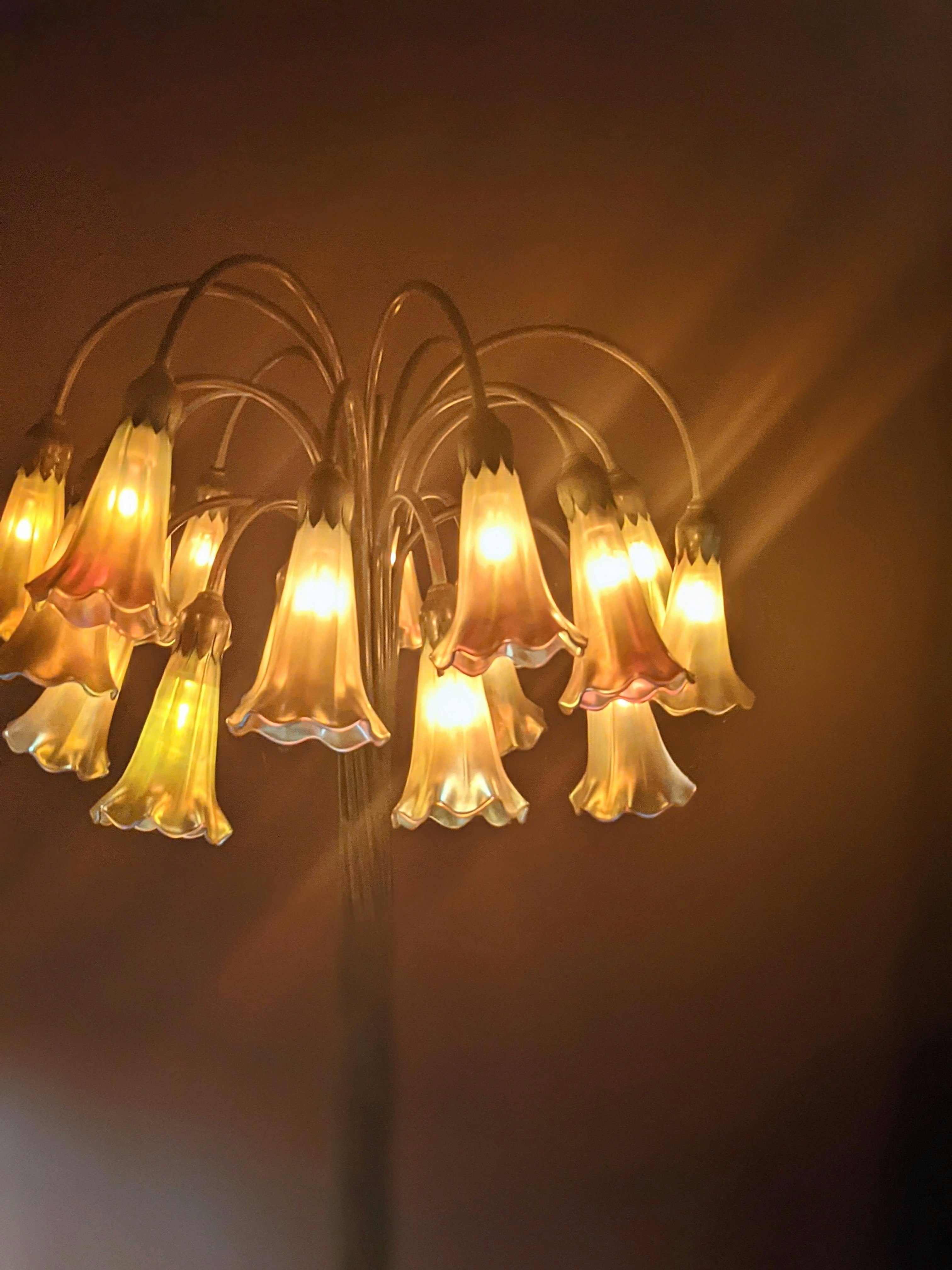 Un lampadario da terra a forma di giglio che illumina un interno buio