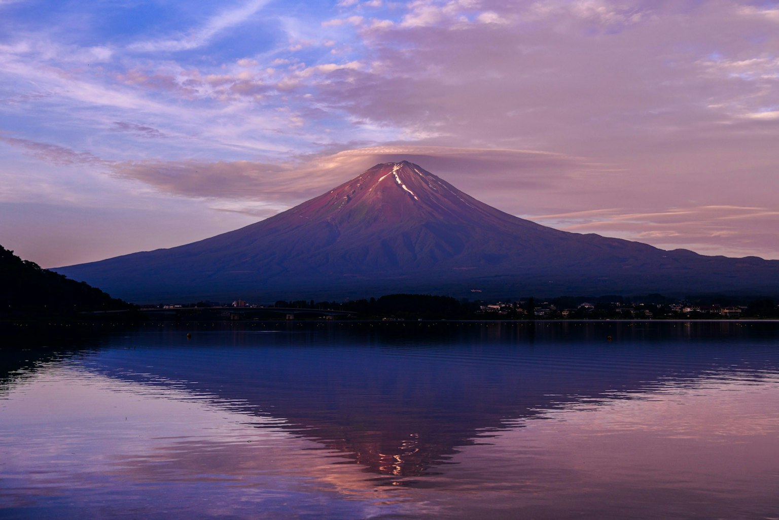 Beautiful reflection of Mount Fuji in the lake during sunset