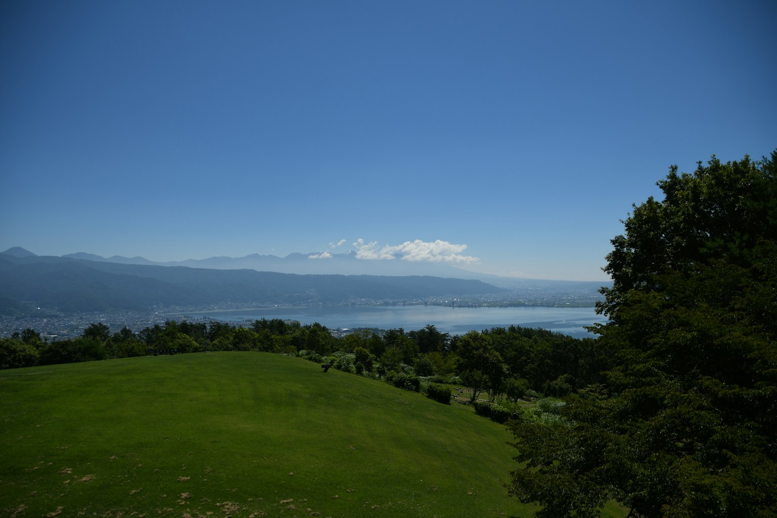 蓝天和绿色草地的风景 远处有山和湖