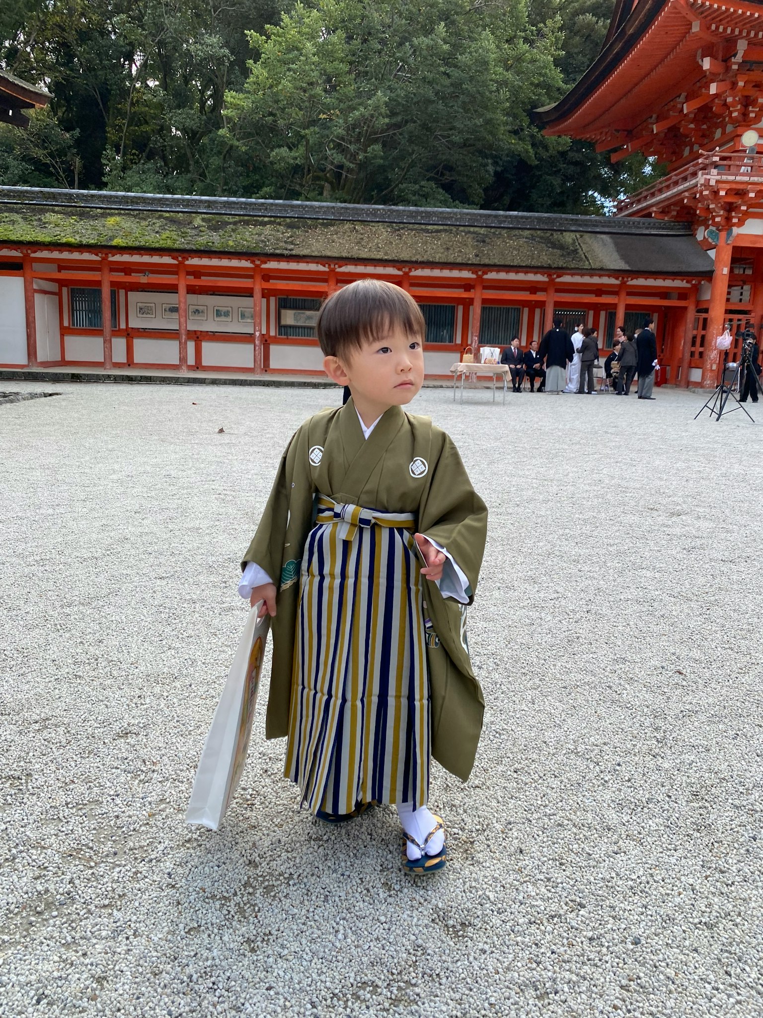 穿着绿色和服的孩子站在神社前
