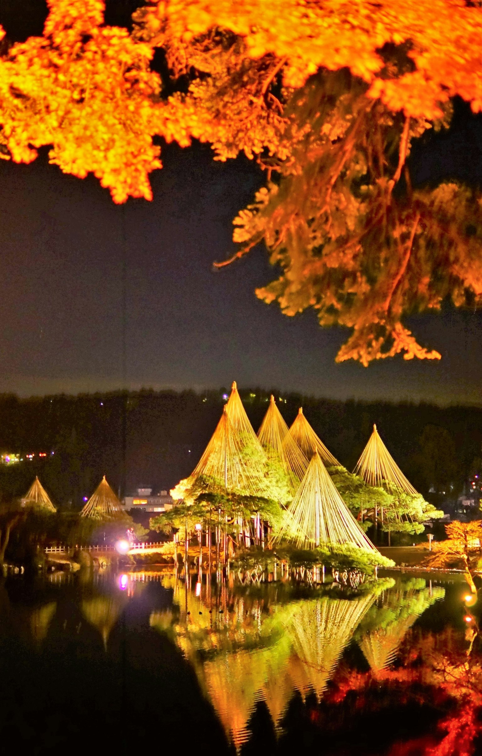 Structures en forme de tente se reflétant sur le lac la nuit avec un feuillage d'automne