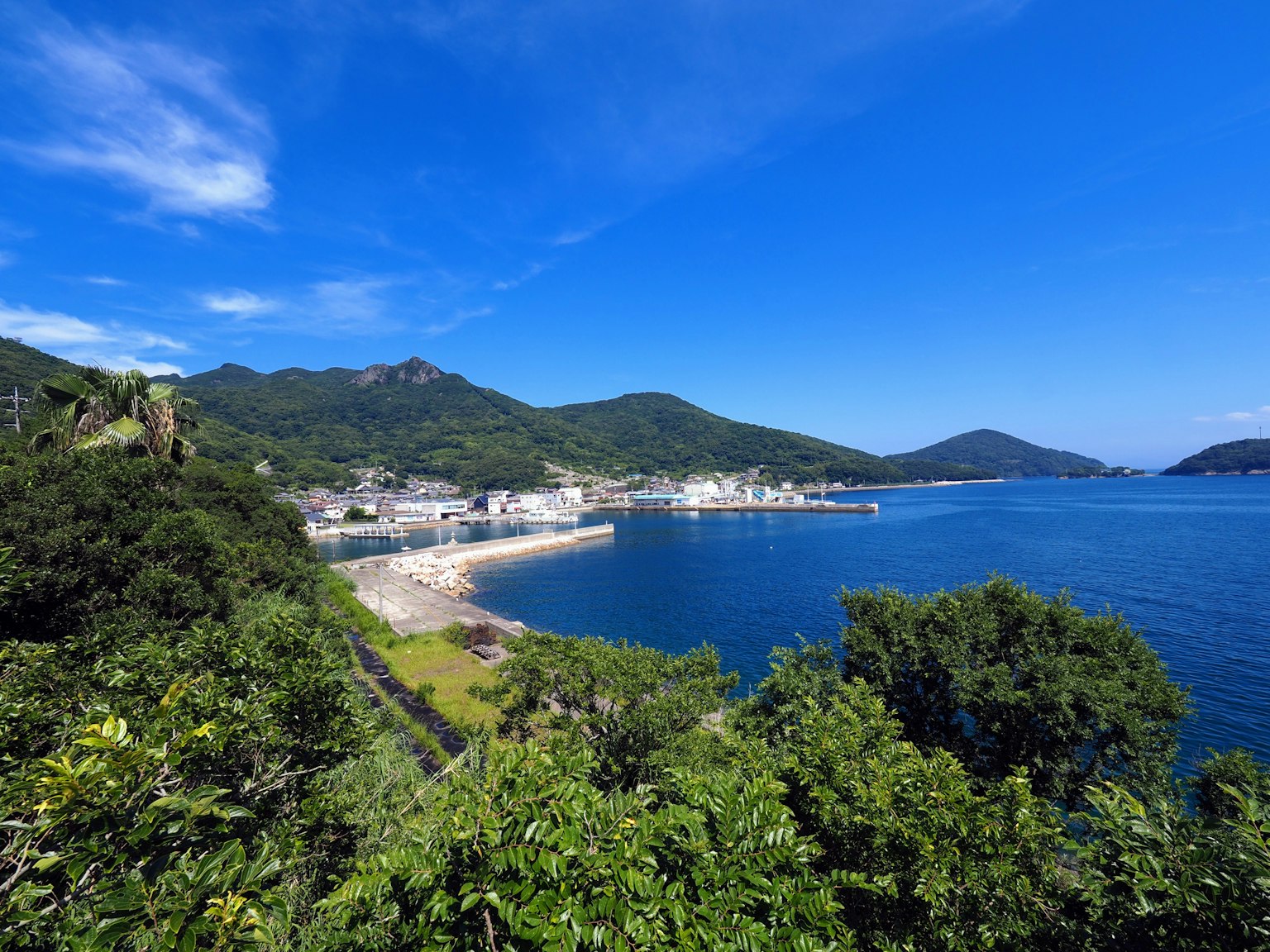Vista panoramica di una città portuale circondata da cielo blu e mare colline verdi e acque calme
