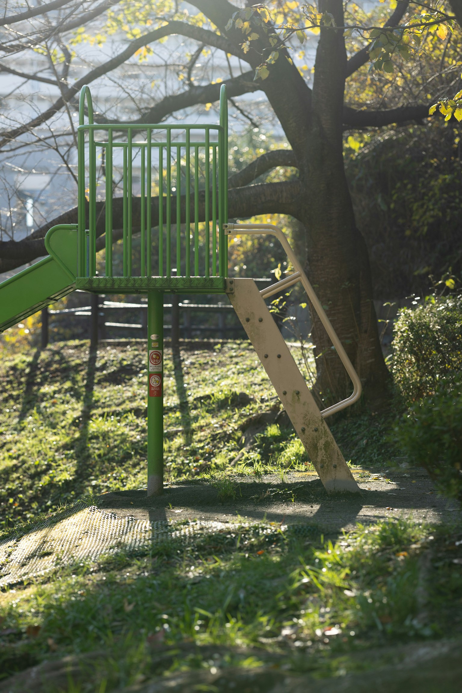Attrezzatura da gioco con scivolo verde circondata da alberi in un parco