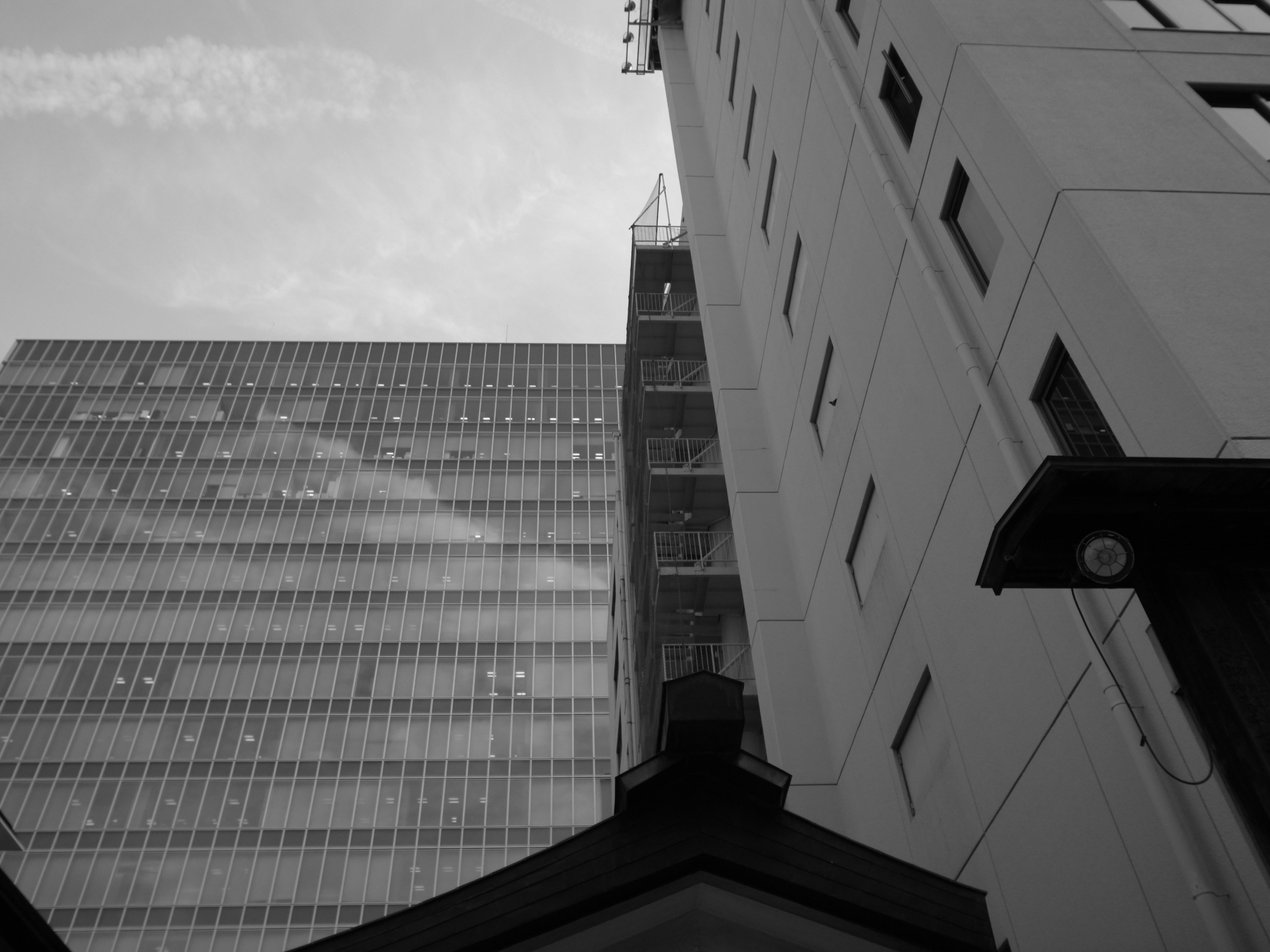 玻璃高楼与白色建筑外墙交汇的城市街角