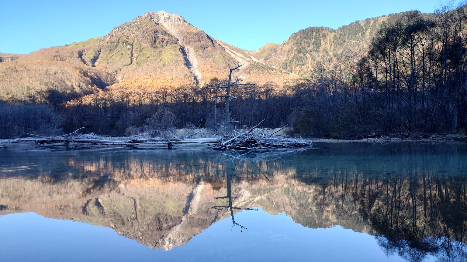 Vista panoramica di montagne e alberi morti riflessi su un lago calmo