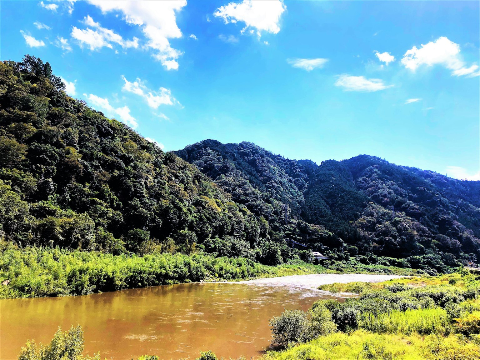 Scenic view of mountains and river under blue sky with clouds green grass and brown river