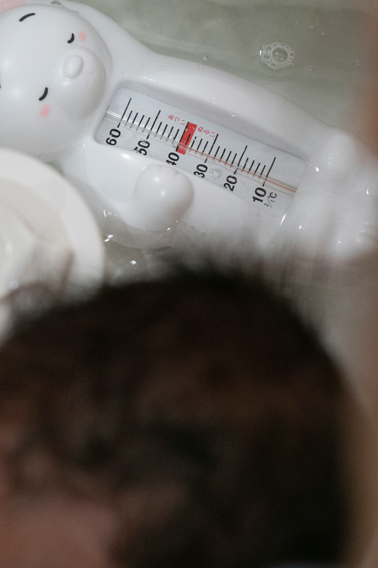 Imagen de una bañera con un termómetro flotante en forma de oso y parte de la cabeza de un bebé visible