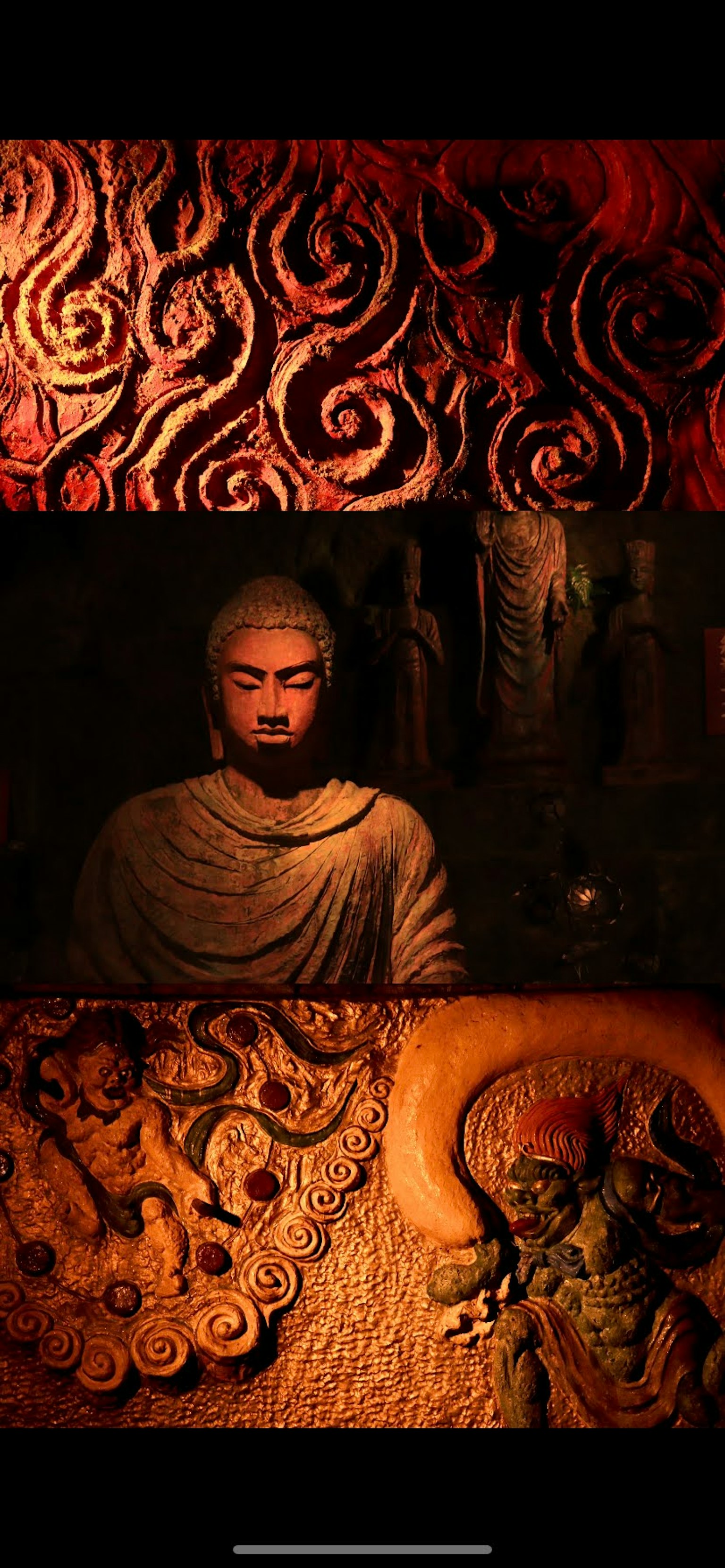 Collage of a Buddha statue and decorative carvings
