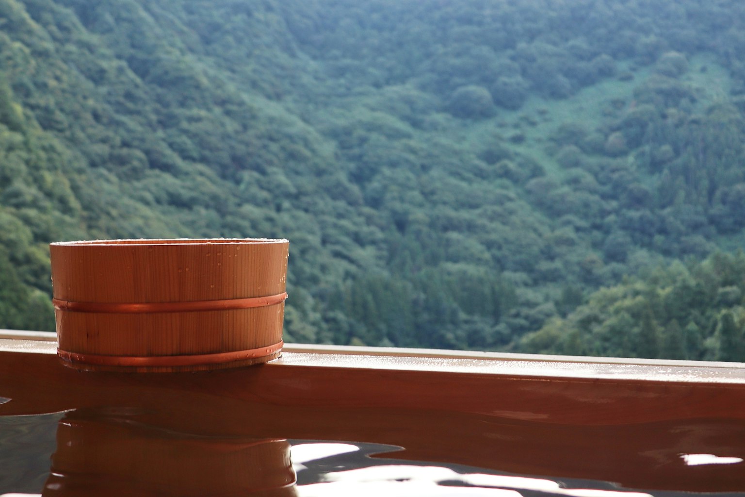Cuenco de baño de madera con vista panorámica de montañas al fondo