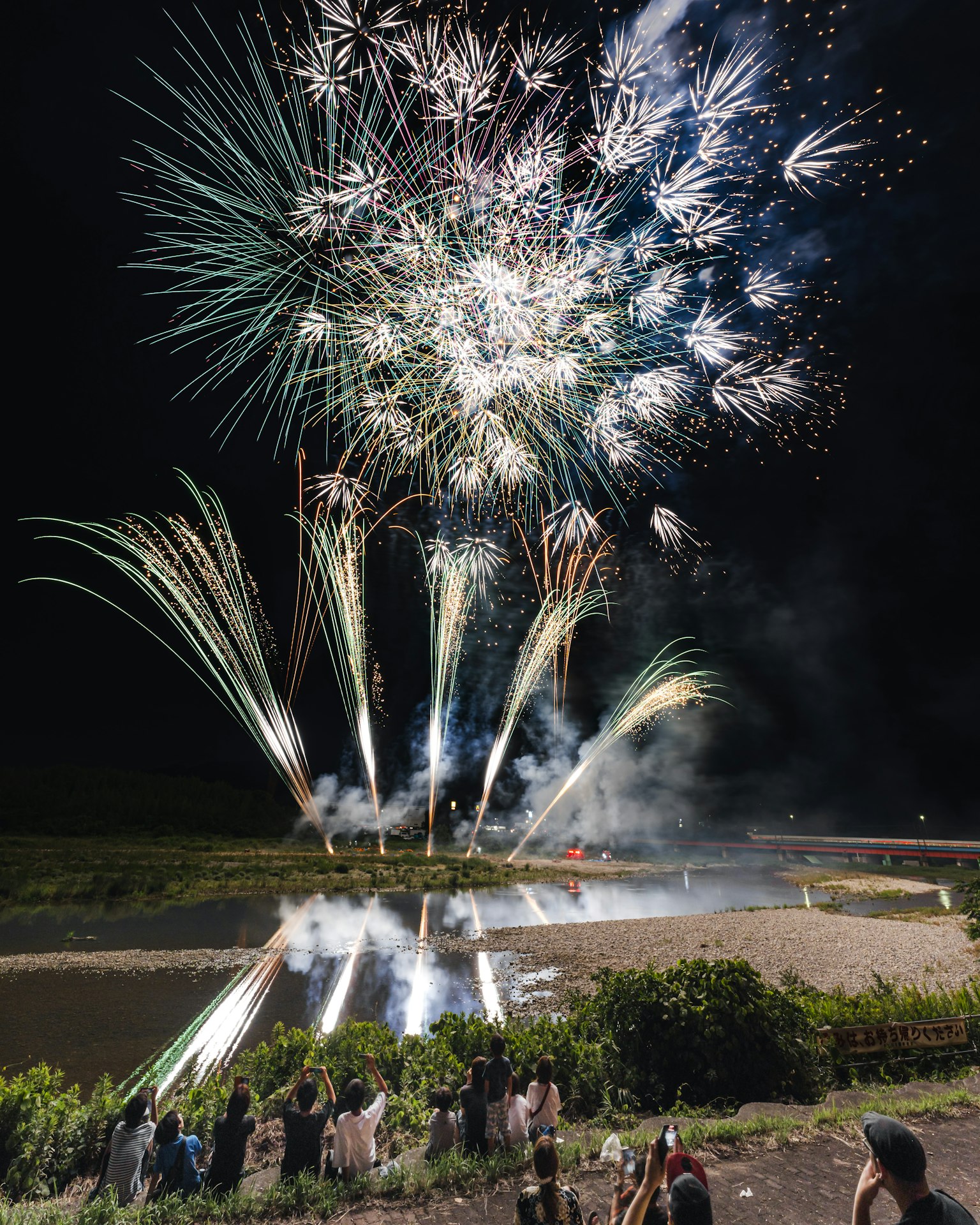 Des feux d'artifice colorés éclatant dans le ciel nocturne avec des silhouettes de spectateurs