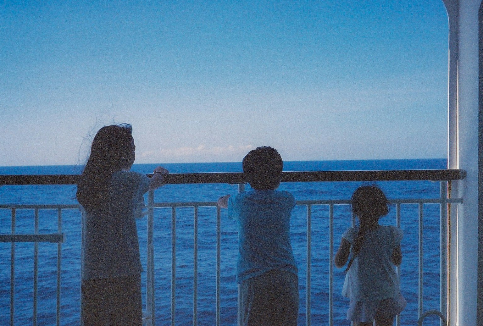Silhouettes of children gazing at the ocean