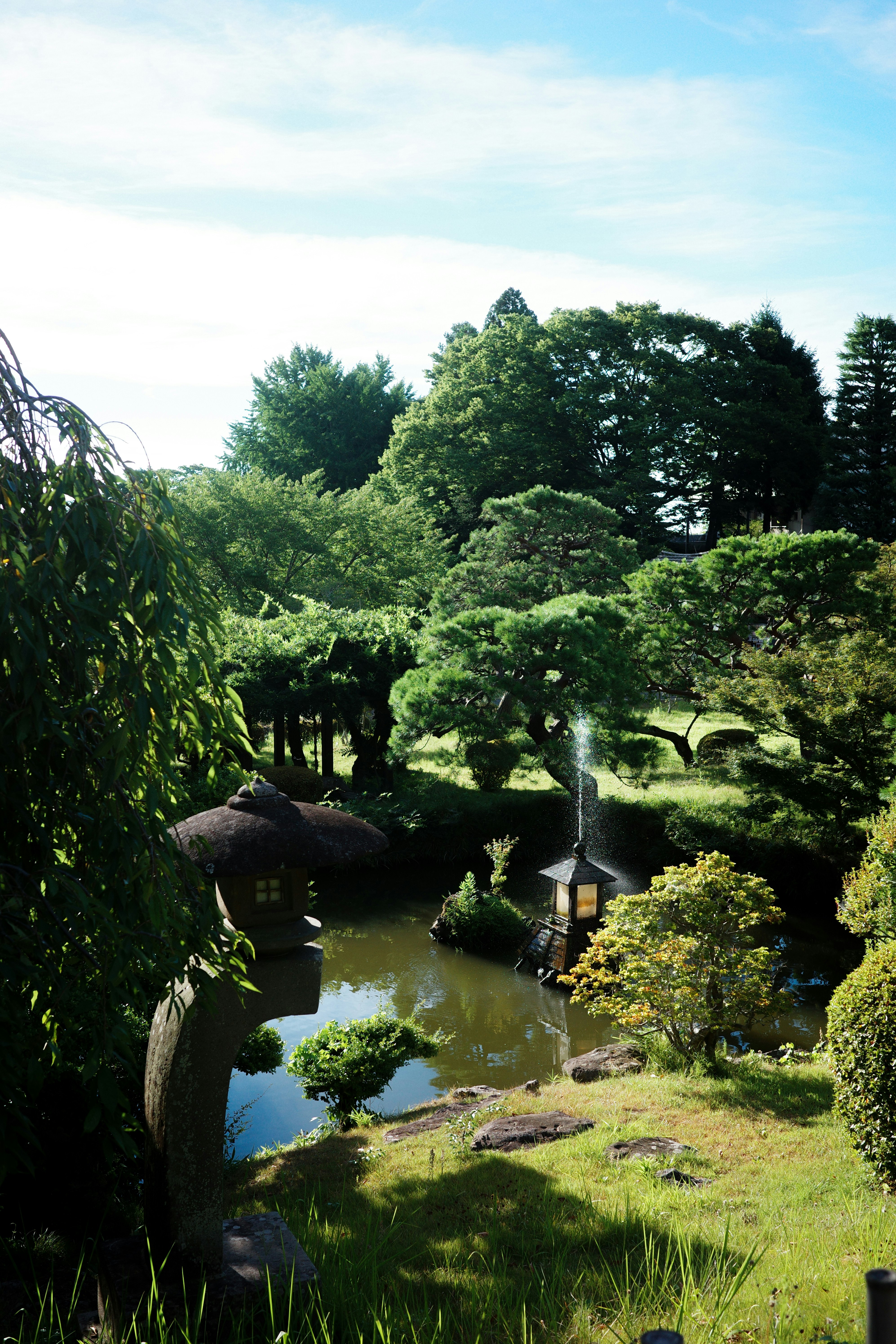 scène de jardin avec un étang et un petit pont entouré de verdure