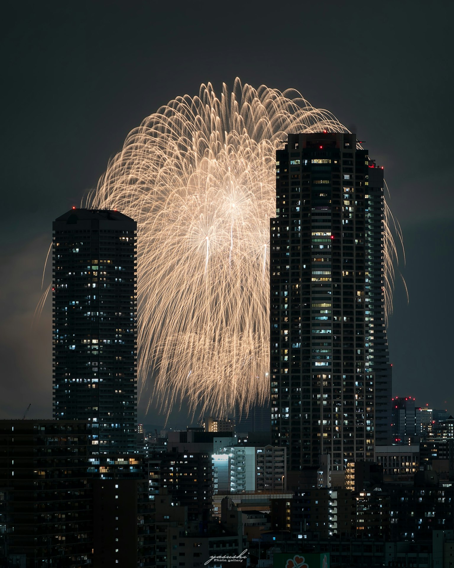 東京の夜空に花火が打ち上げられ高層ビルの間から見える