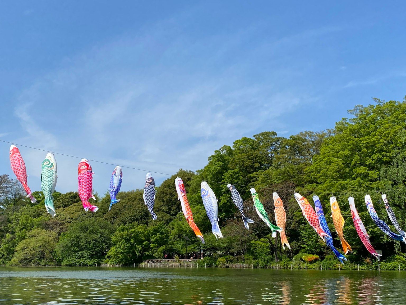 Bunte Koi-Flaggen wehen unter einem blauen Himmel über einem ruhigen See