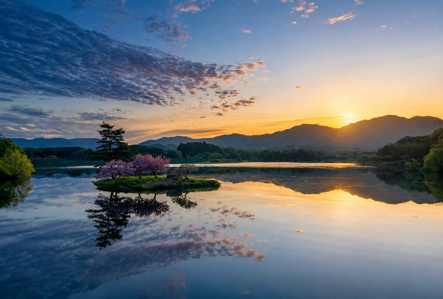 夕暮れの湖畔に浮かぶ小島と山並みの風景