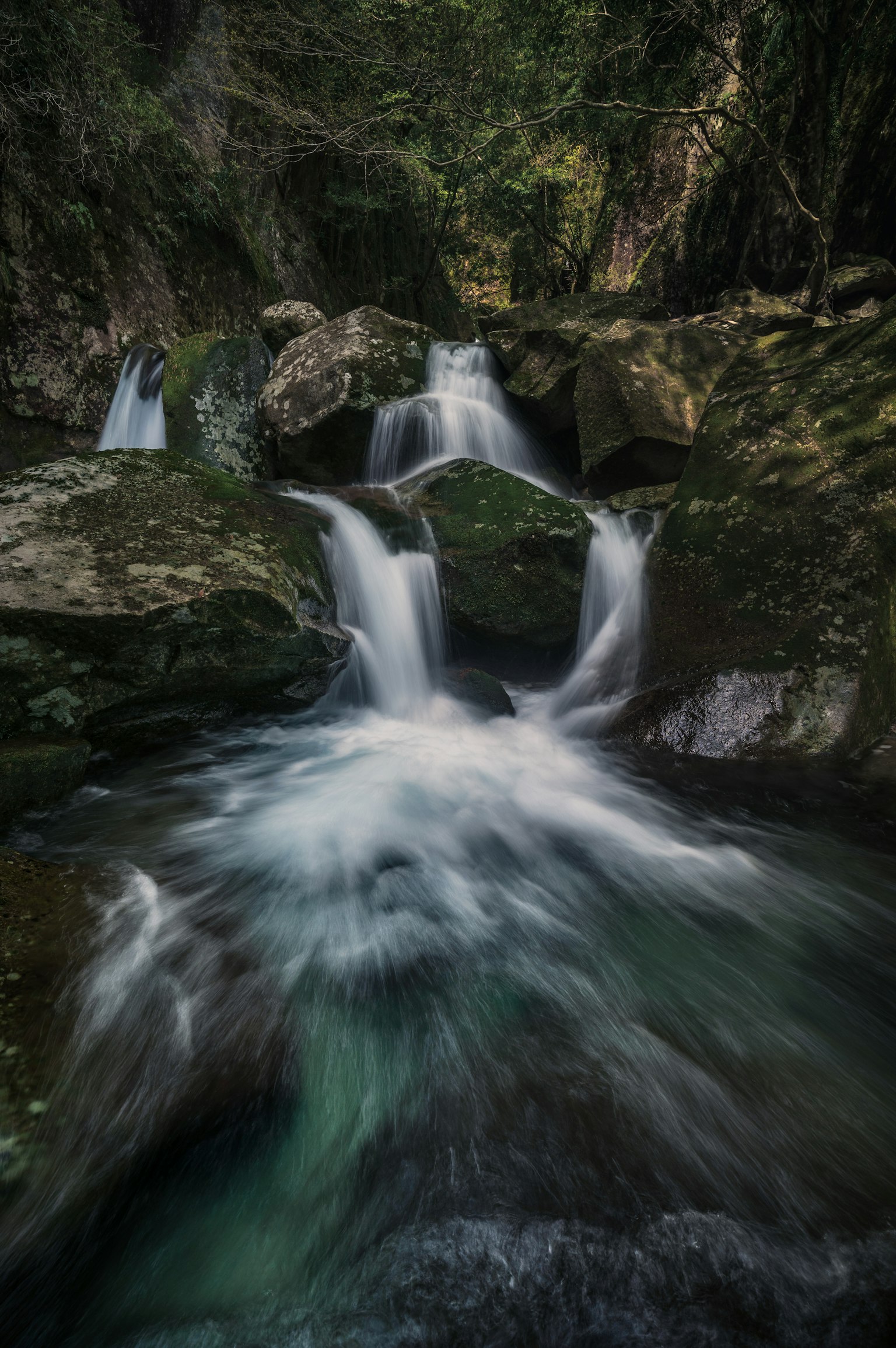 Pemandangan tenang dengan air terjun yang dikelilingi oleh pepohonan hijau
