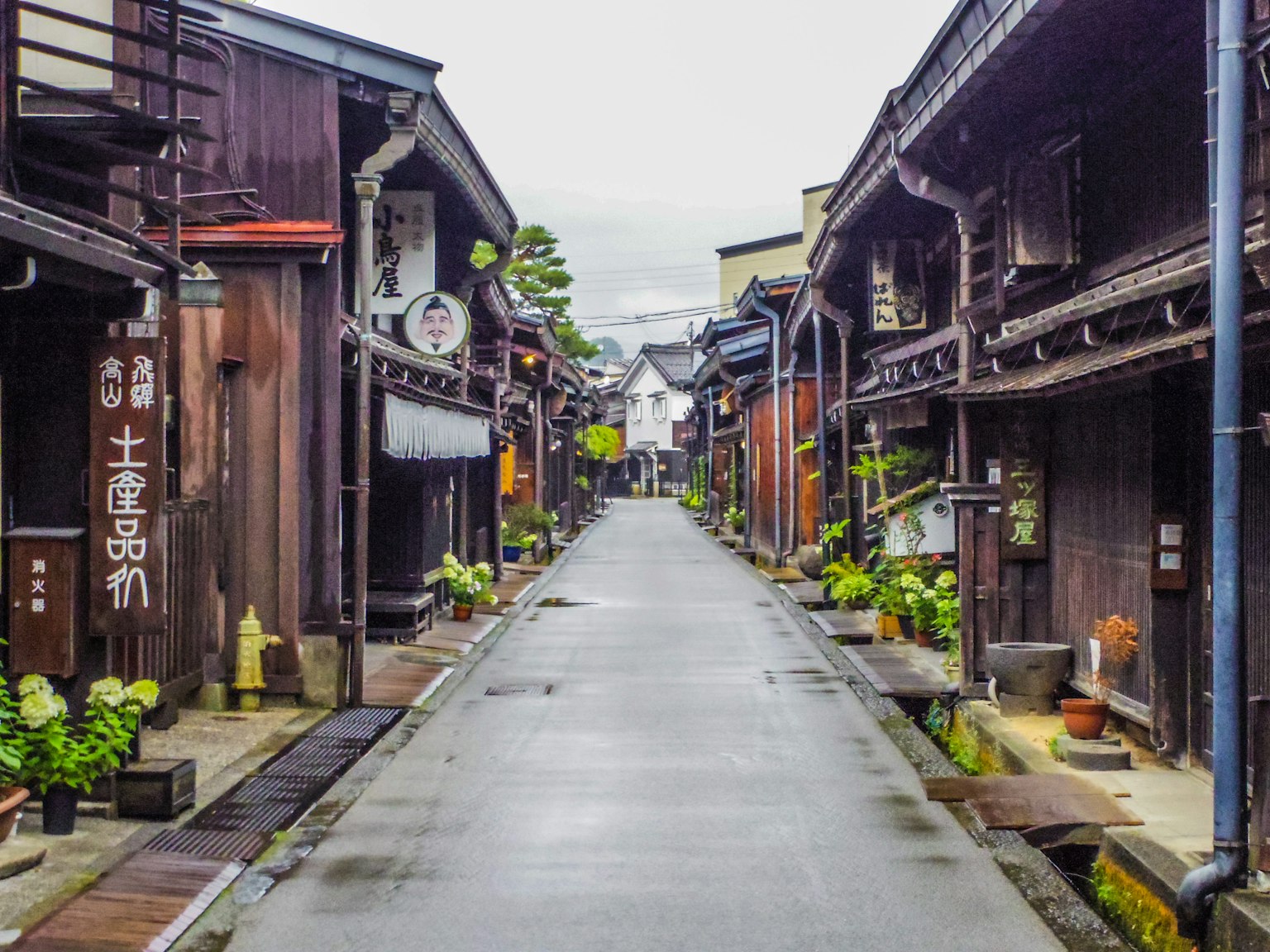 Jalan tradisional basah dengan bangunan kayu dan tanaman hijau