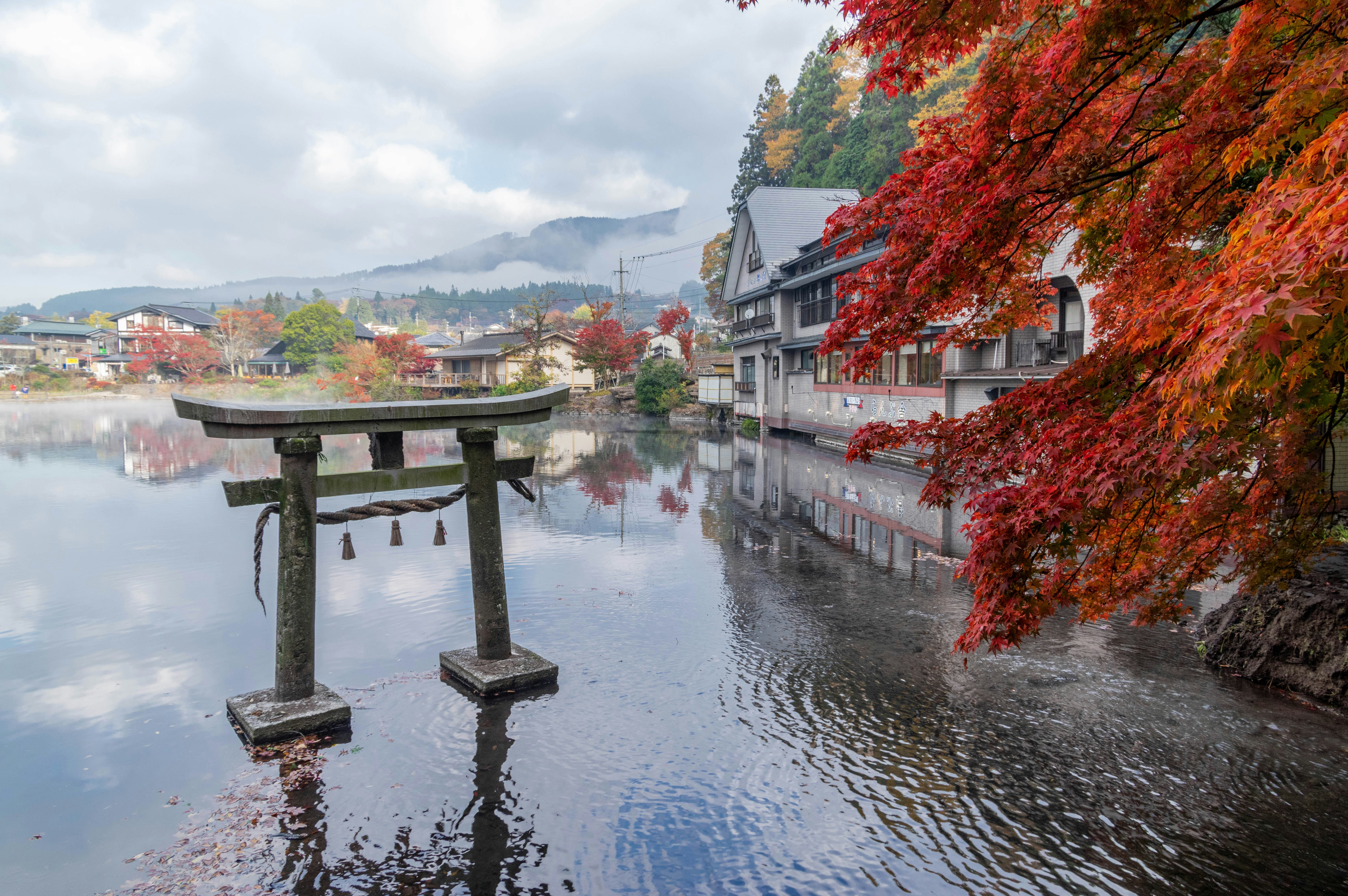 Torii gate and autumn leaves reflected on a riverside