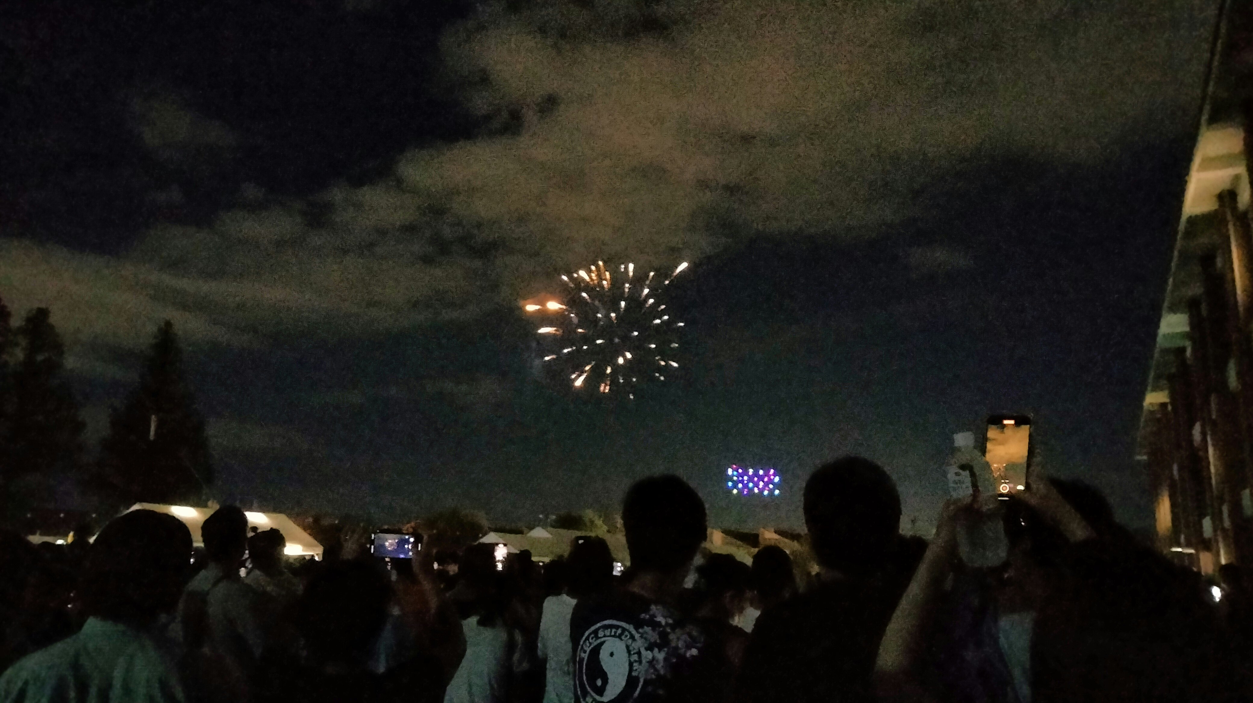 夜空に打ち上がる花火を見上げる人々の群れ