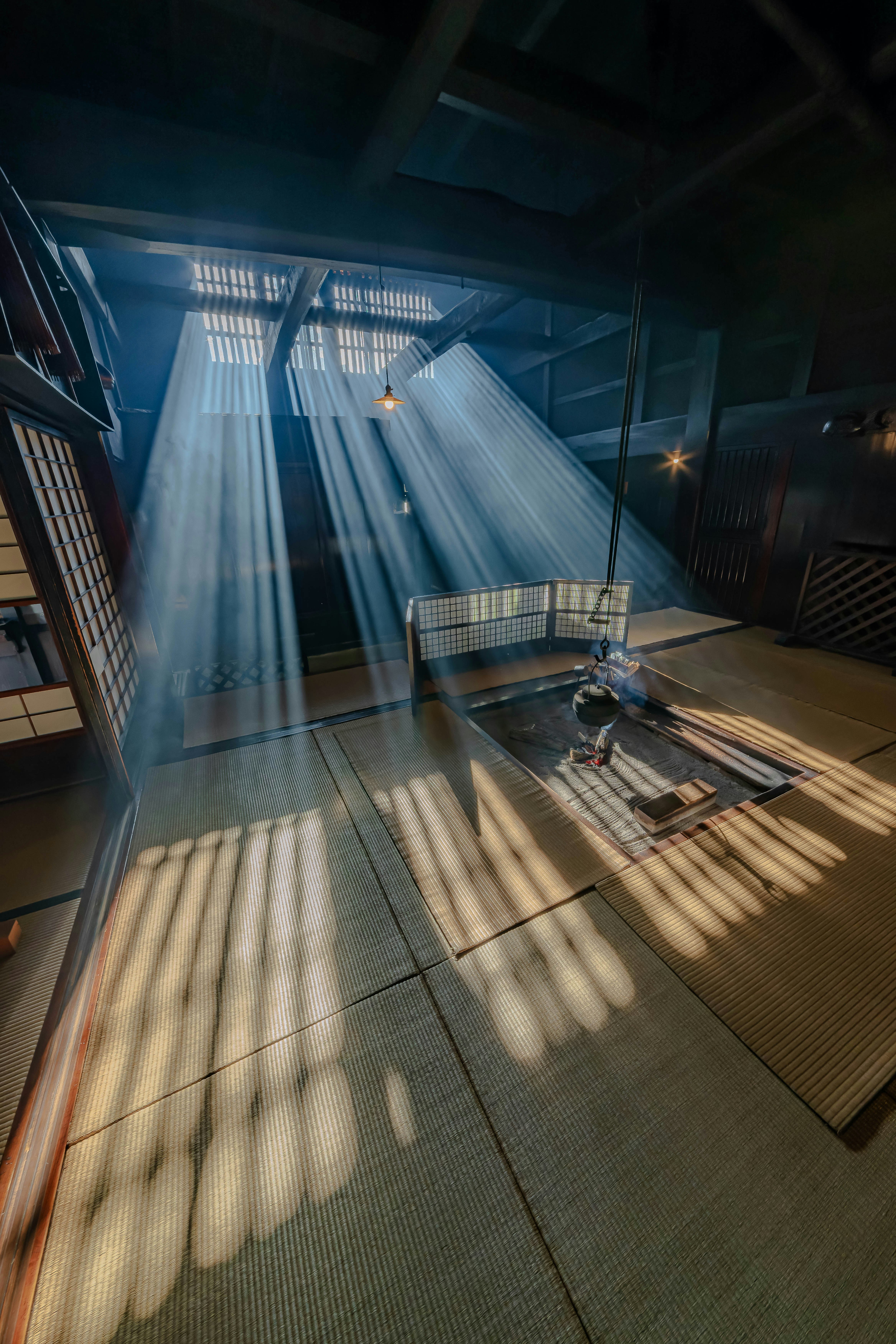 Interior of a Japanese room with beams of light shining through