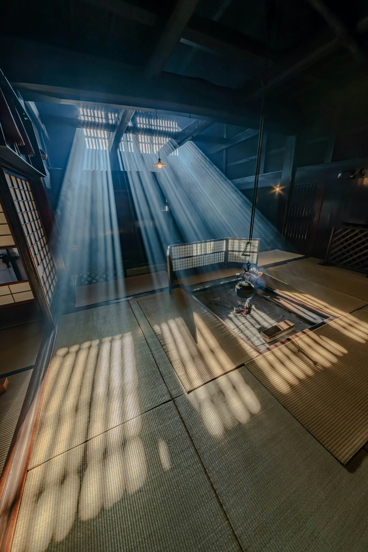 Interior of a Japanese room with beams of light shining through