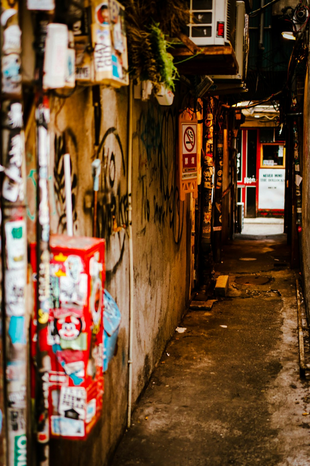 路地に並ぶ提灯と雑貨のある商店街の軒先